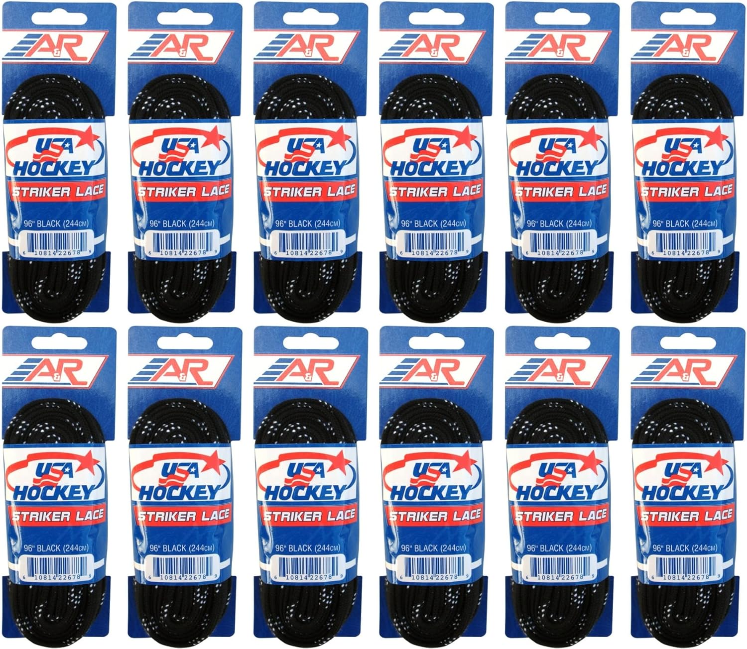 A&R New Dozen (12) Pair USA Hockey Striker WAXLESS Molded Tip Skate Laces Black