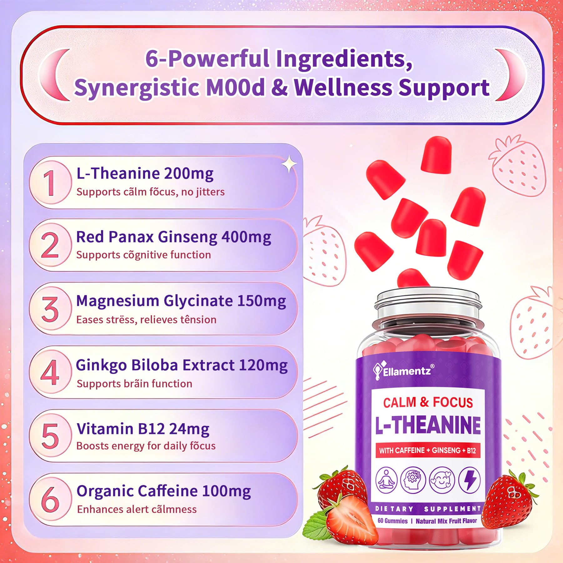 Vegan L-Theanine Gummies 200mg & Caffeine100mg Calm Energy Supplement — Amazon image 5