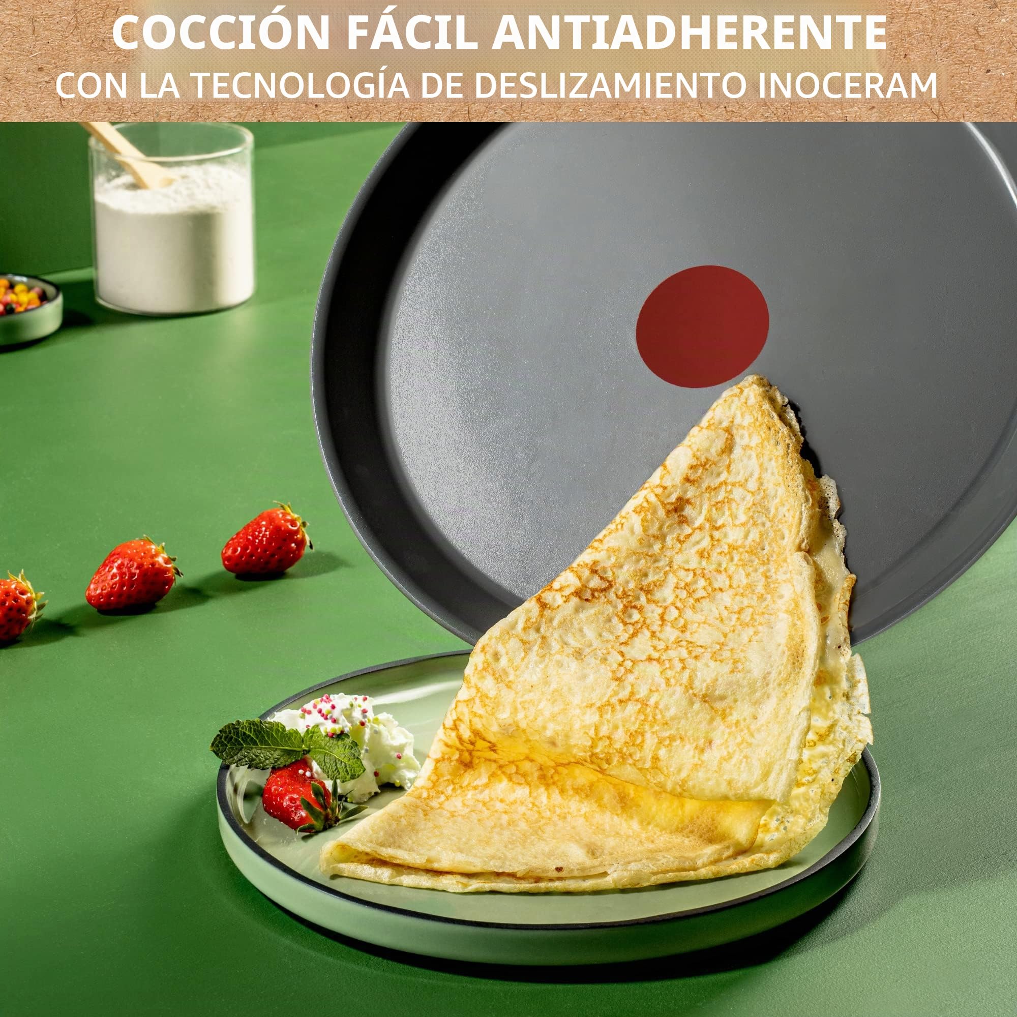 TEFAL - Sartén para crepes (28 cm, inducción, revestimiento cerámico, Eco-diseñado, reciclado, cocción sana, termo-Signal, fabricada en Francia, Renew C4253913, gris