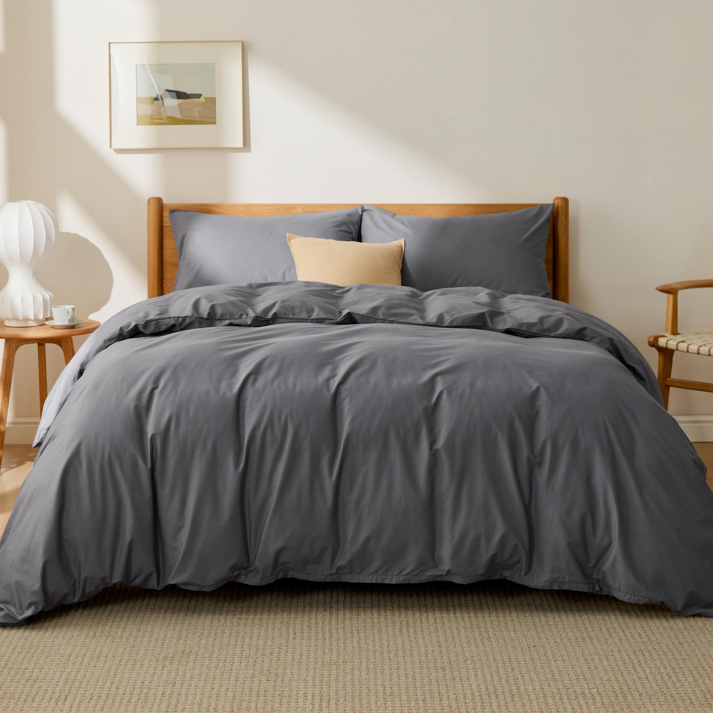 BEDSURE Komplet pościeli bawełnianej, 260 x 240 cm, antracyt, 1 poszwa na kołdrę 260 x 240 cm + 1 poszewka na poduszkę 50 x 75 cm, komplet pościeli z zamkiem błyskawicznym