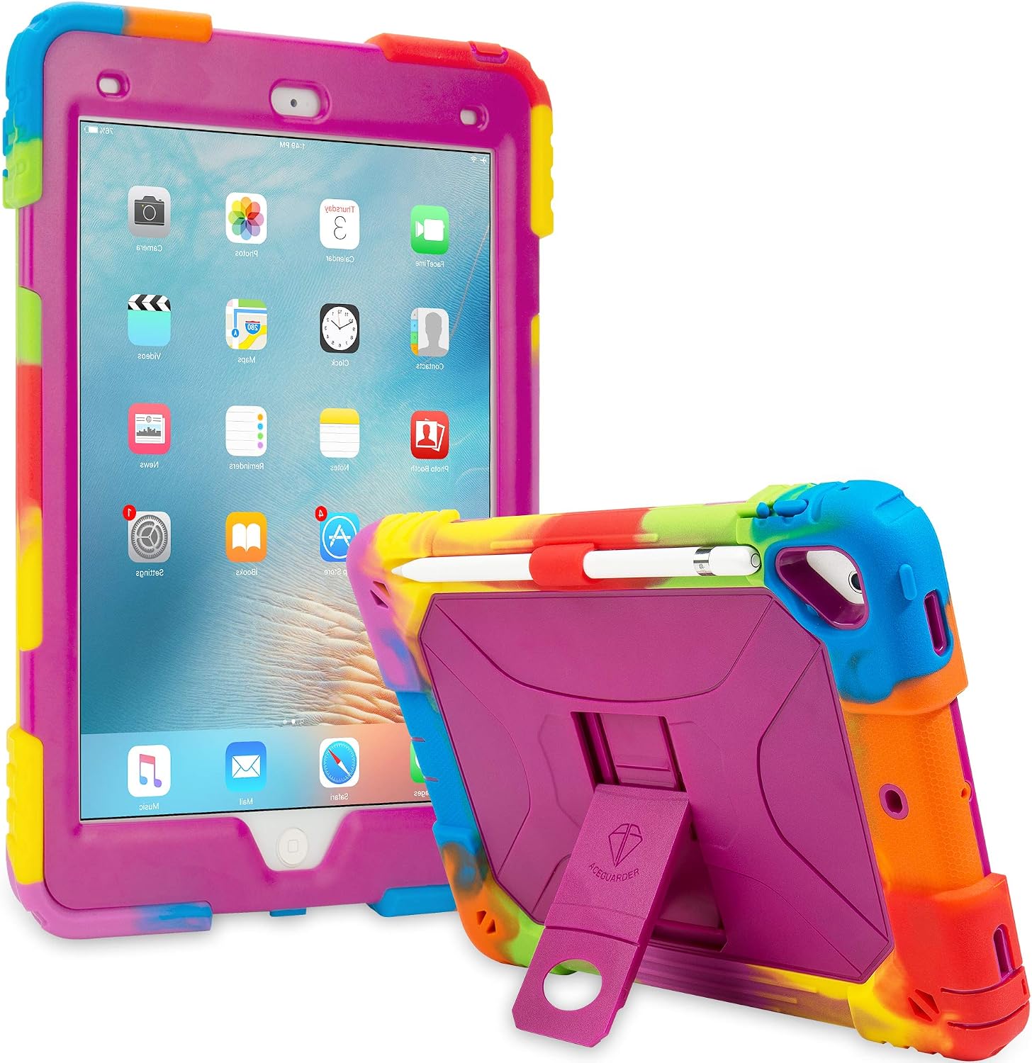ACEGUARDER New iPad 9.7 Case 2018 (6th Gen)/2017 (5th Gen), iPad Air 2 Kids Case Rainbow Series,Shockproof Heavy Duty Silicone Protective Cover with Kickstand (Rainbow Purple)