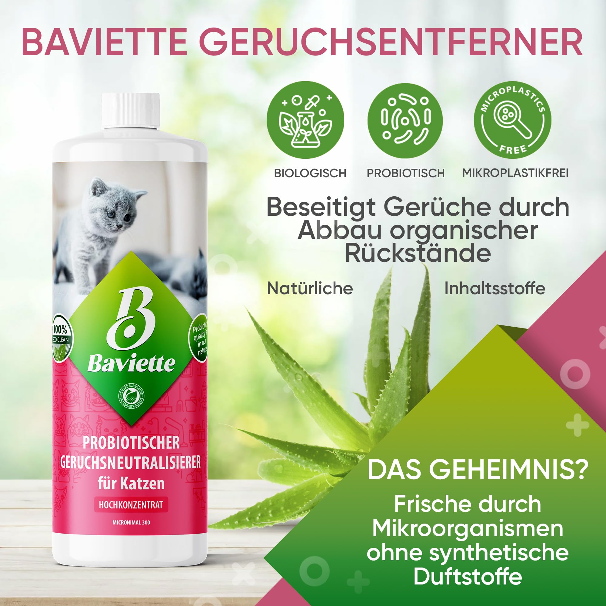 Baviette concentré 1L – Neutralisateur d’odeurs pour foyers avec Chats, à Base de Micro-organismes naturels, biodégradable, sans Chlore, Doux Parfum d’Aloe Vera, pour Tapis, Meubles et litières