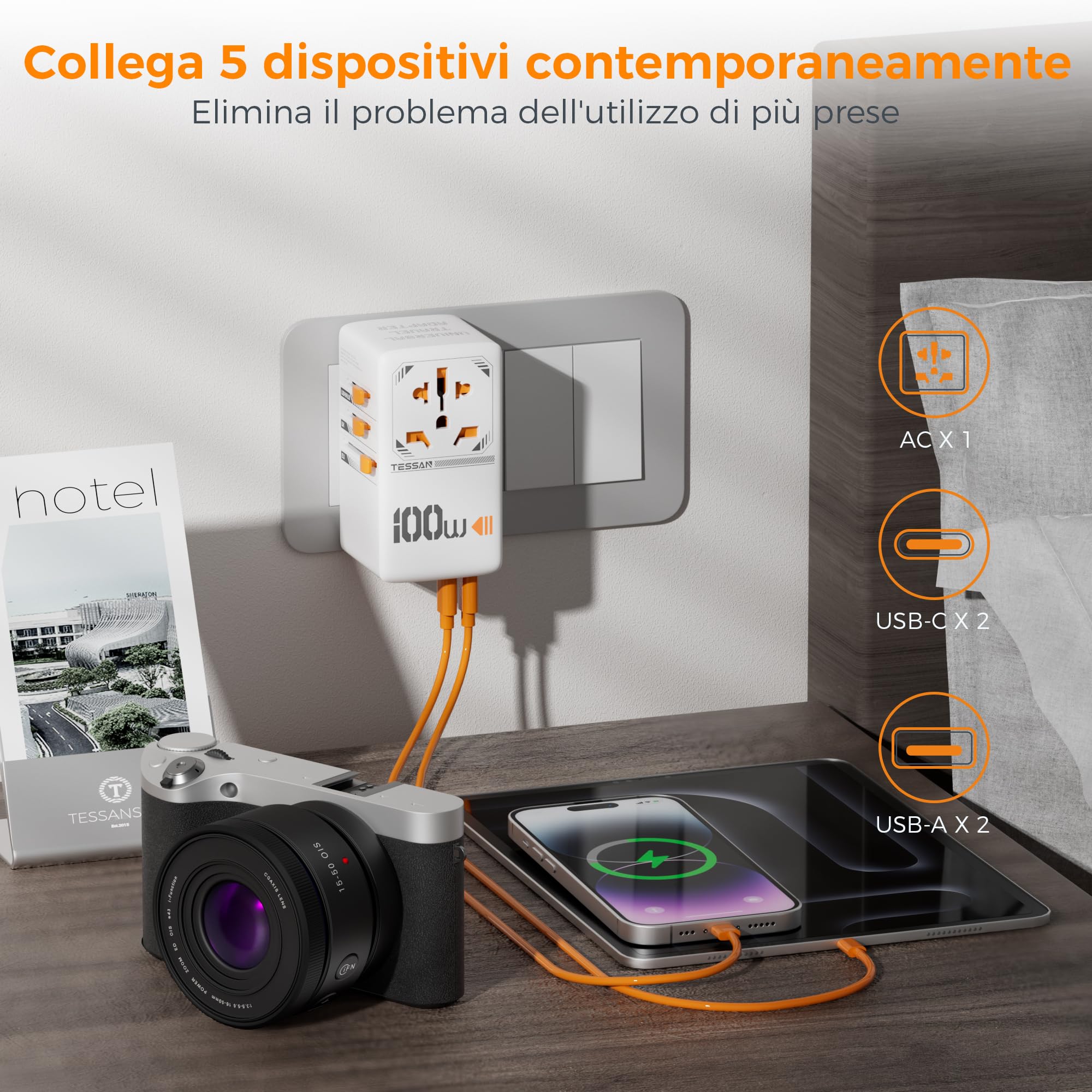 TESSAN 100W GaN Adattatore Universale da Viaggio, Caricatore 100W, Presa Universale da Viaggio con 2 USB A e 2 USB C, Adattatore Presa Spina per UK, USA, Australia, Tailandia, Giappone