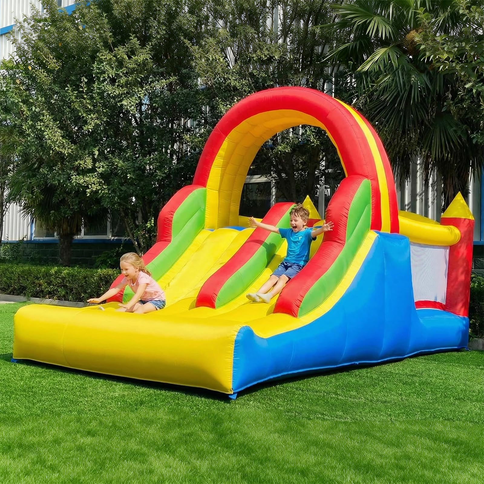 HuaKastro 16x7.2FT Inflatable Bounce House with 2 Racing Slides & Large Climbing Wall, 3 in 1 Kids Inflatable Trampoline Rainbow Jumping Castle Kids Backyard Playgrounds - with Air Blower - 3