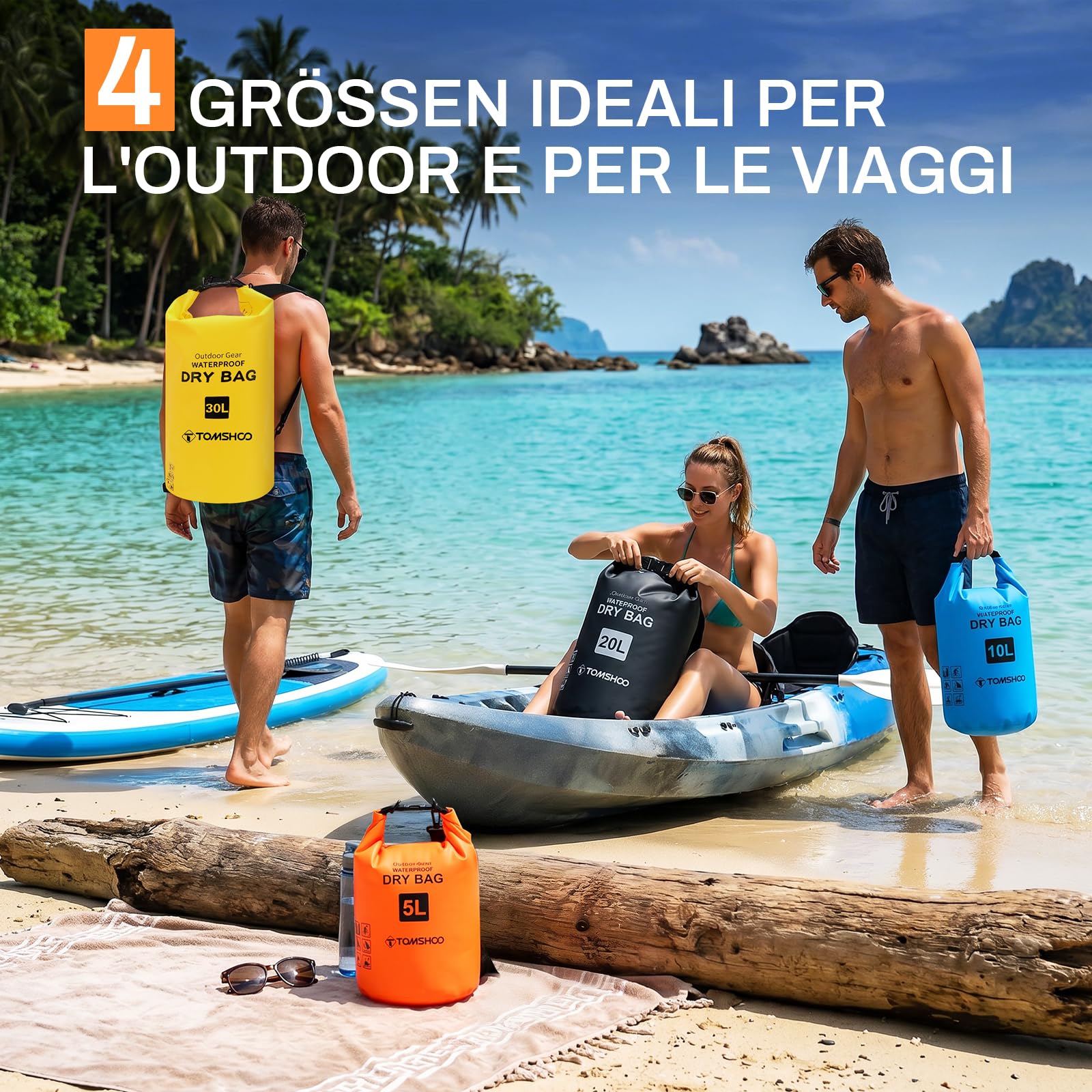 TOMSHOO Set di borse impermeabili galleggianti da 5 l/10 l/20 l/30 l | PVC 500D, impermeabile e antistrappo, borsa impermeabile con tracolla regolabile, per kayak, pesca, nuoto e campeggio