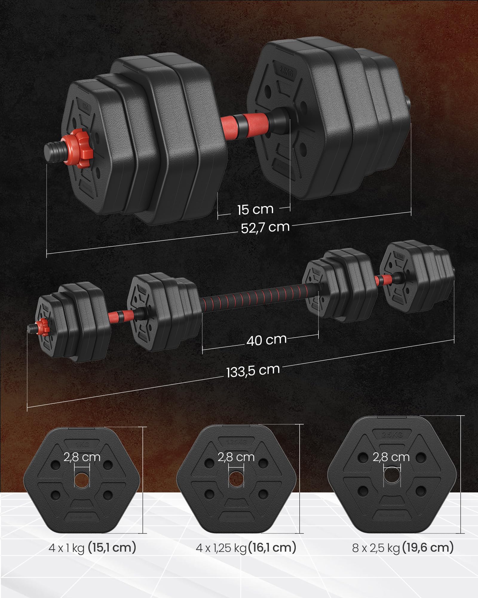 SONGMICS Set d’Haltères, Haltères avec Barre de Connexion, Hexagonales, pour l’Entraînement, la Musculation, l’Haltérophilie à Domicile ou en Salle de Sport