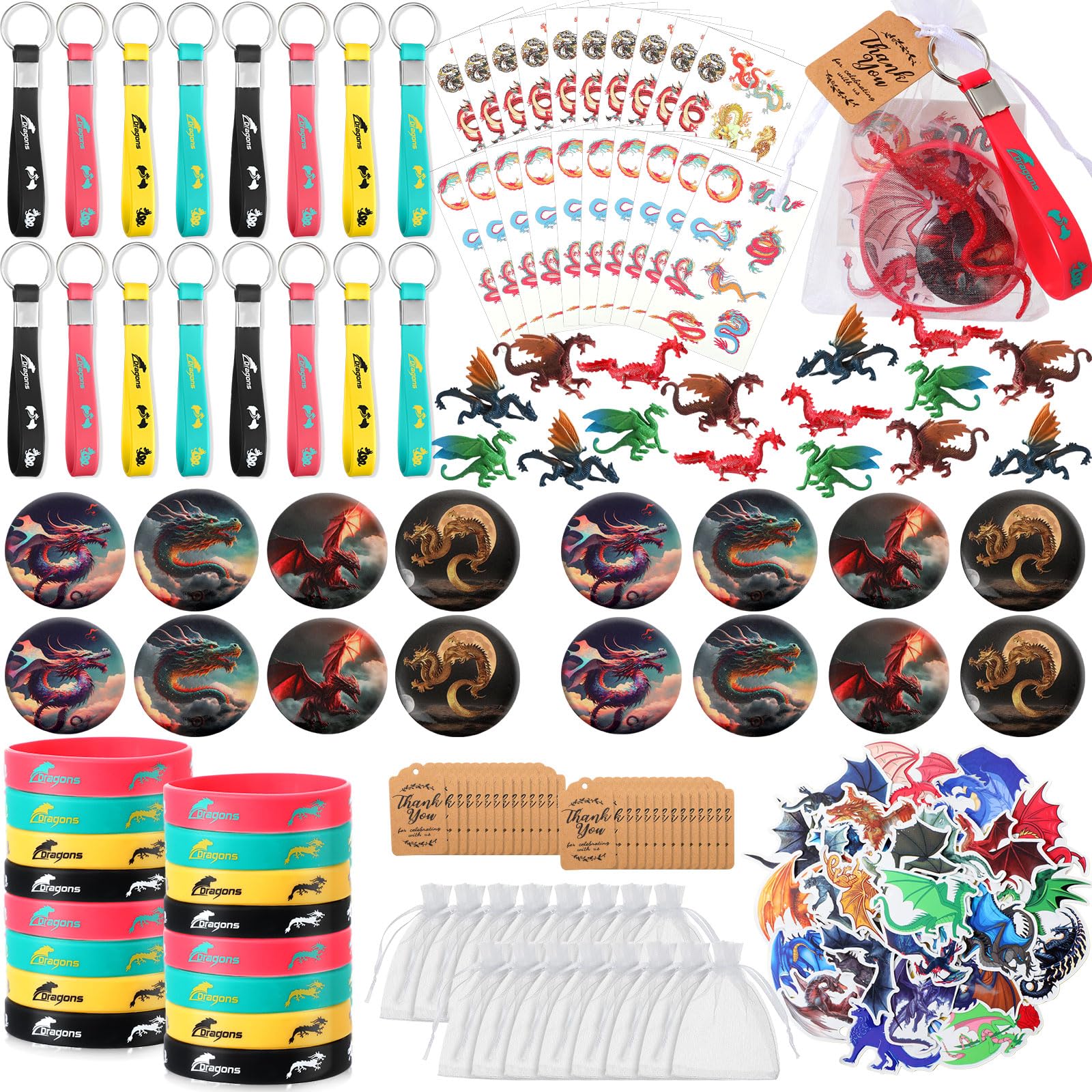 Wettarn 162 Pcs Dragon Themed Birthday Party Favors for 16 People Include Dragon Stickers Mini Model Button Pins Bracelets Keychains Organza Bags Card