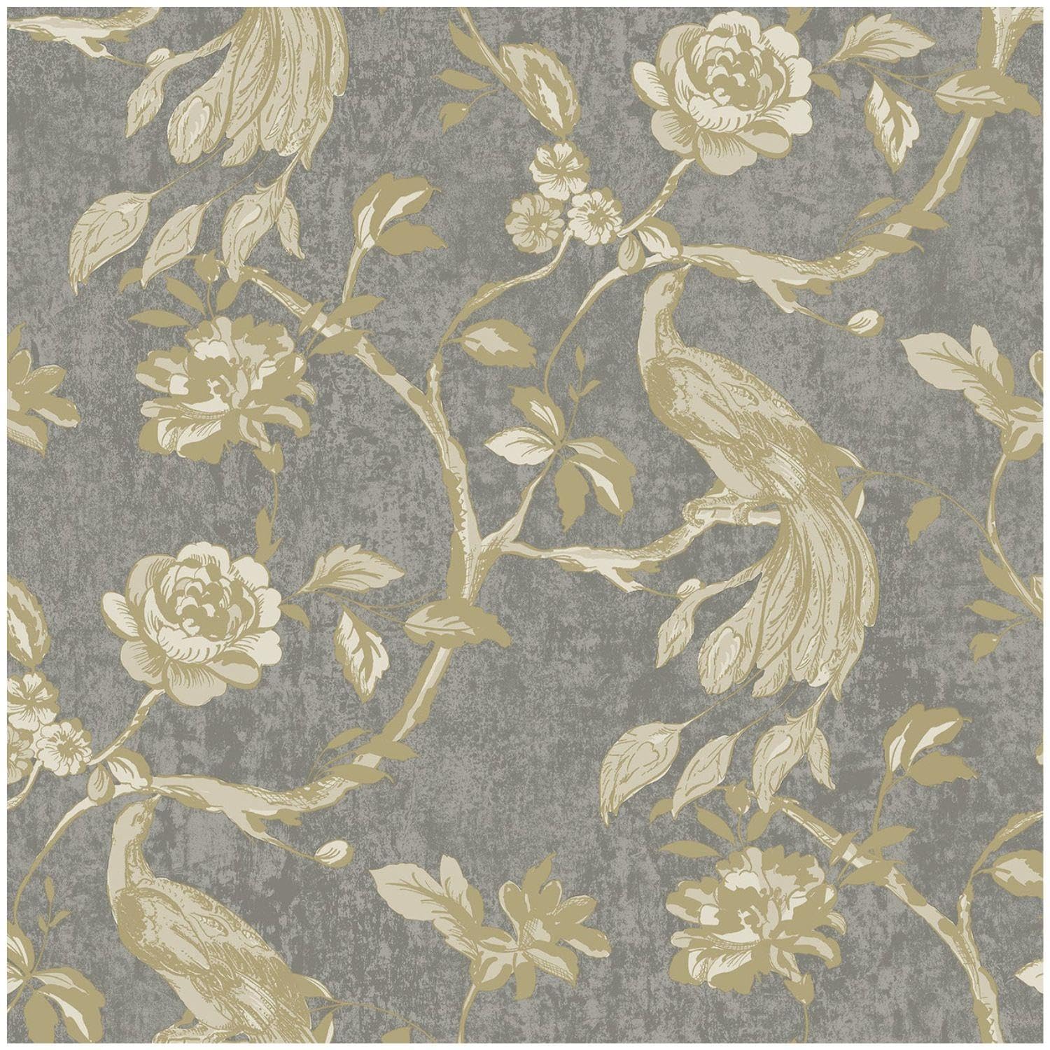 Yöl Charcoal Paradise Birds Vinyl Wallpaper - Scrubbable Paste The Wall - 10.05M X 53Cm Roll - Bedroom Living Room Dinning Room - Sophisticated Versatile Contemporary - Feature Statement Wall