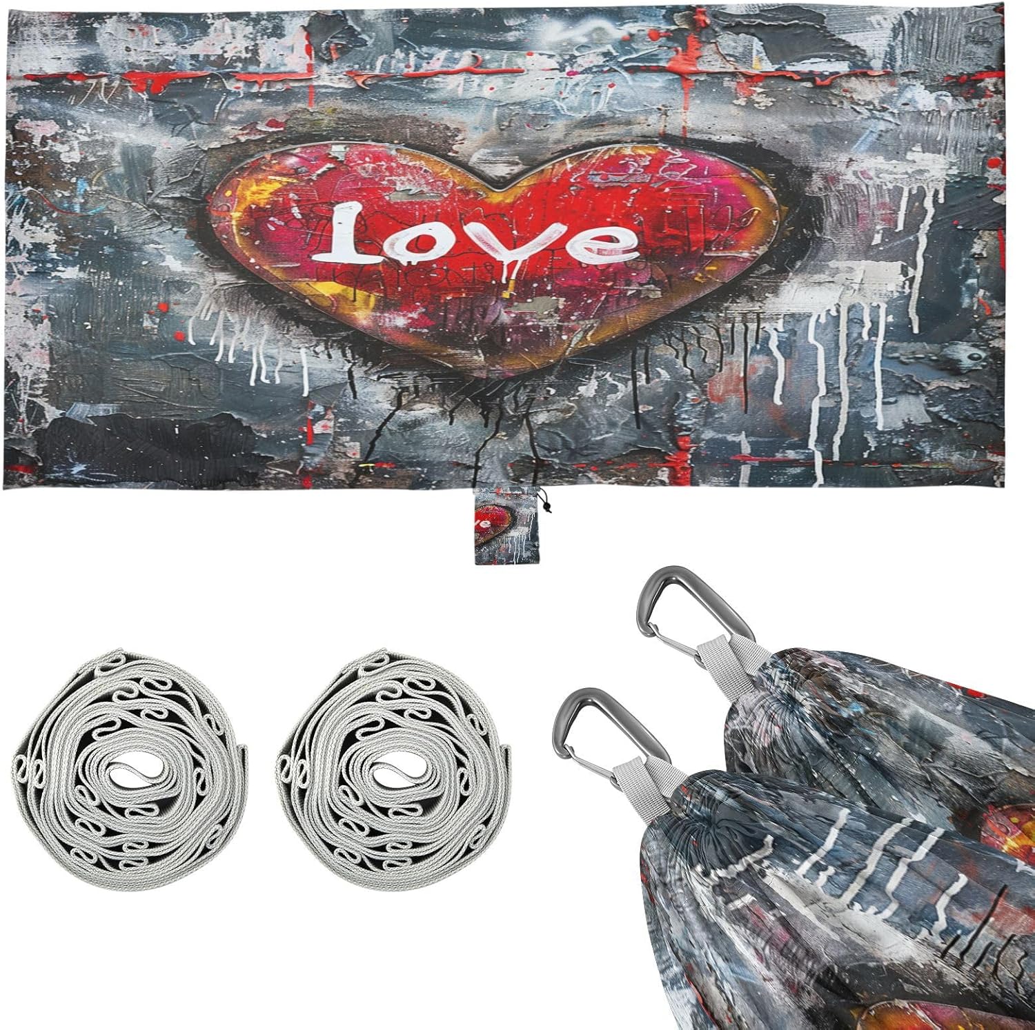 ALAZA Loving Heart Graffiti Camping Hammocks Single or 2 Person 500 lbs Portable Parachute Travel Hammock w/Tree Straps for Hiking Backpacking Indoor Outdoor