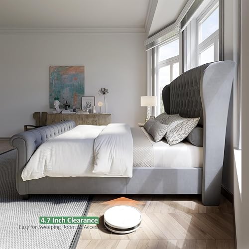 Miniatura 6 de AMERLIFE Marco de cama de plataforma tamaño Queen, cama trineo tapizada en terciopelo con cabecero y pie de cama con respaldo alado Gris,Negro