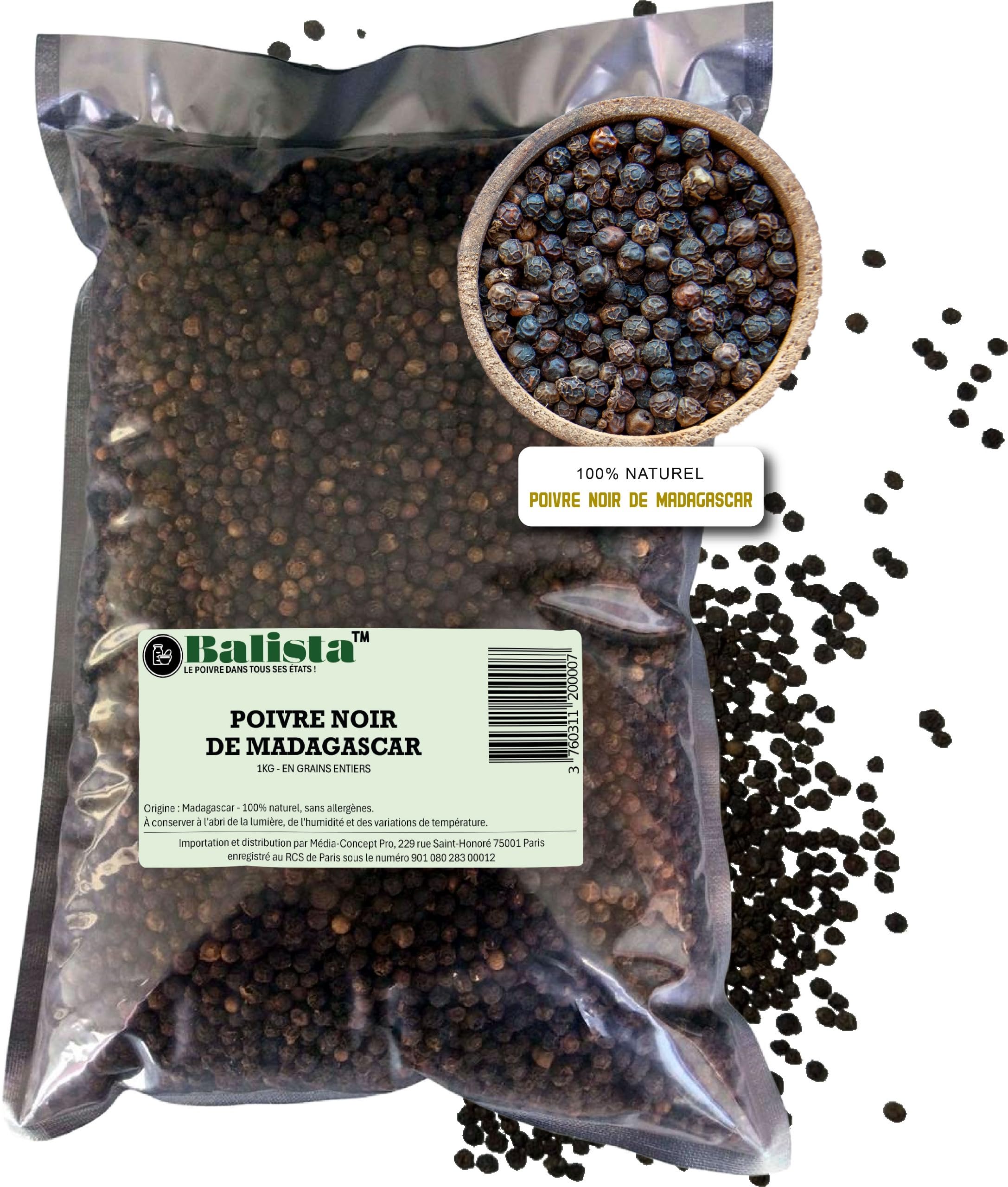 Poivre noir en grains de Madagascar 1 kg – Qualité professionnelle – Grains entiers 100% naturels – Usage restauration & cuisine – Balista