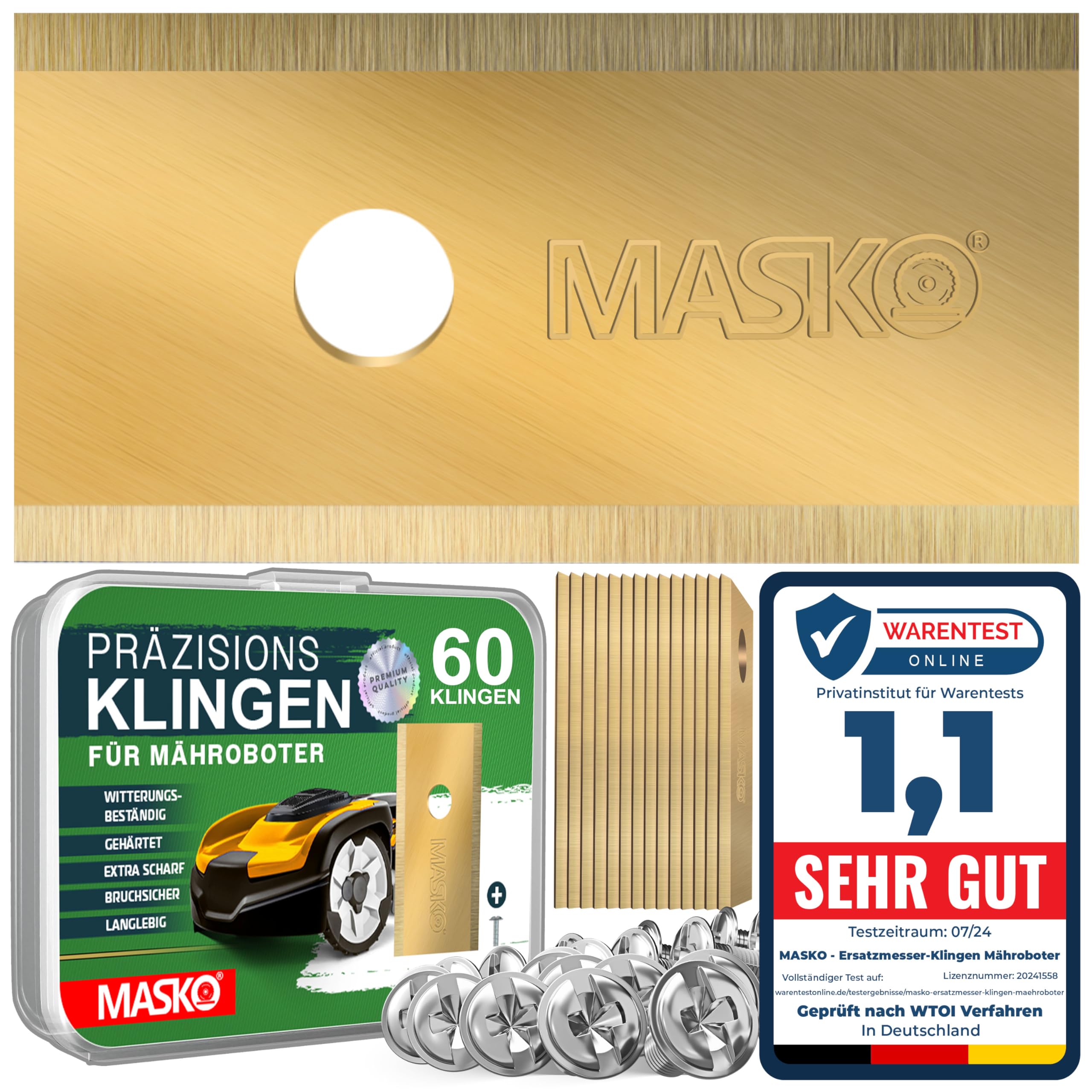 MASKO® Ersatzmesser Klingen für Mähroboter | Rasenmäher Messer universal inkl. innovativen Schrauben | Ersatzklingen Rasenroboter langlebig Titan-Beschichtung Kompatibel mit Worx 60 Stück
