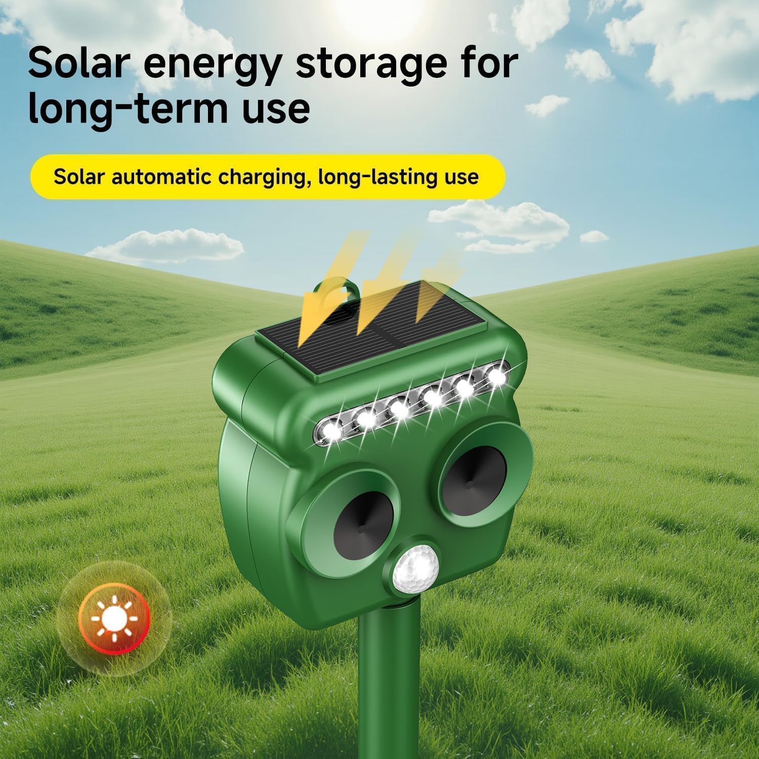 Ahuyentador de Gatos y Animales ultrasónico Solar, Repelente al Aire Libre para Animales con LED Intermitentes, IP66, Impermeable, con frecuencia Ajustable, Impermeable, para Exteriores en céspedes y