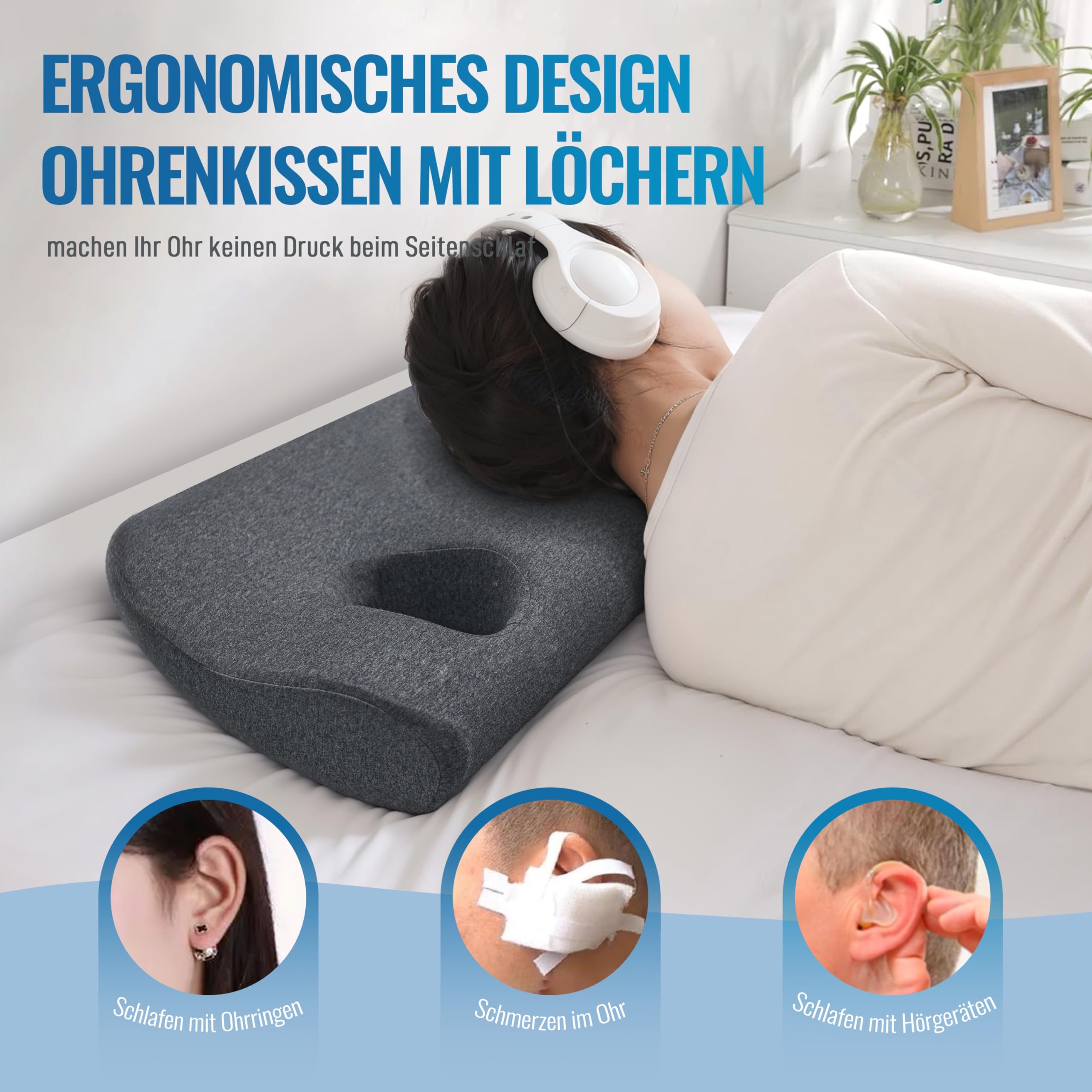 Johnear poduszka z otworem na kolczyk, poduszka na piercing dla osób śpiących na boku, poduszka z pianki z pamięcią kształtu do łagodzenia bólu ucha, ergonomiczna poduszka do spania z pianki z