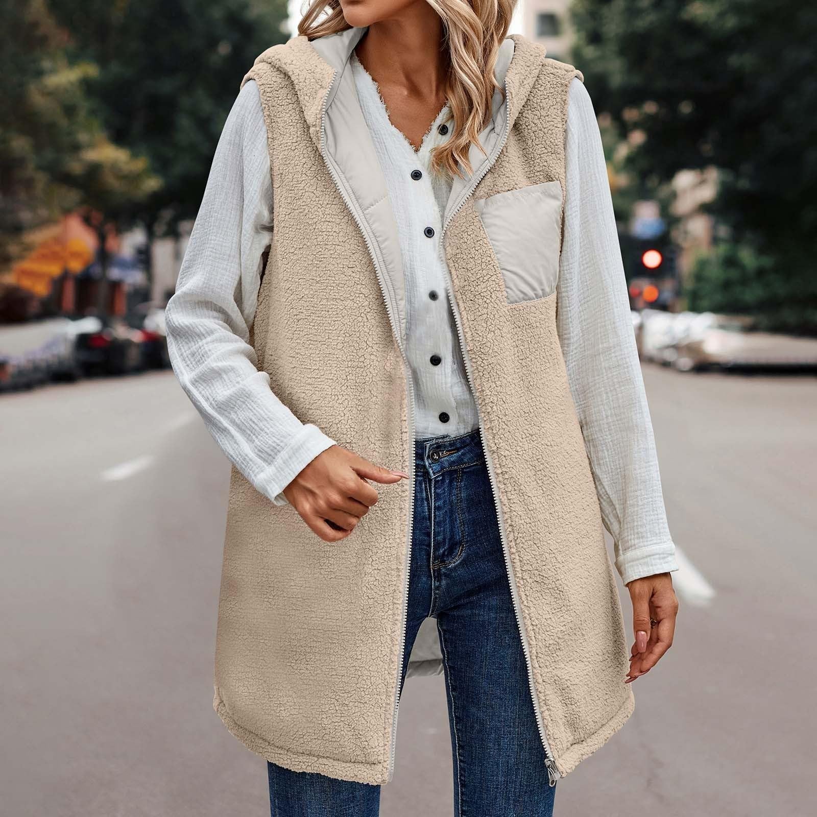 Gilet Réversible À Capuche Sans Manches Pour Veste Doublée En Polaire Avec Poches Fermeture Éclair Complète Vêtements D'extérieur Mode D'hiver Veste Réversible Sans Manches