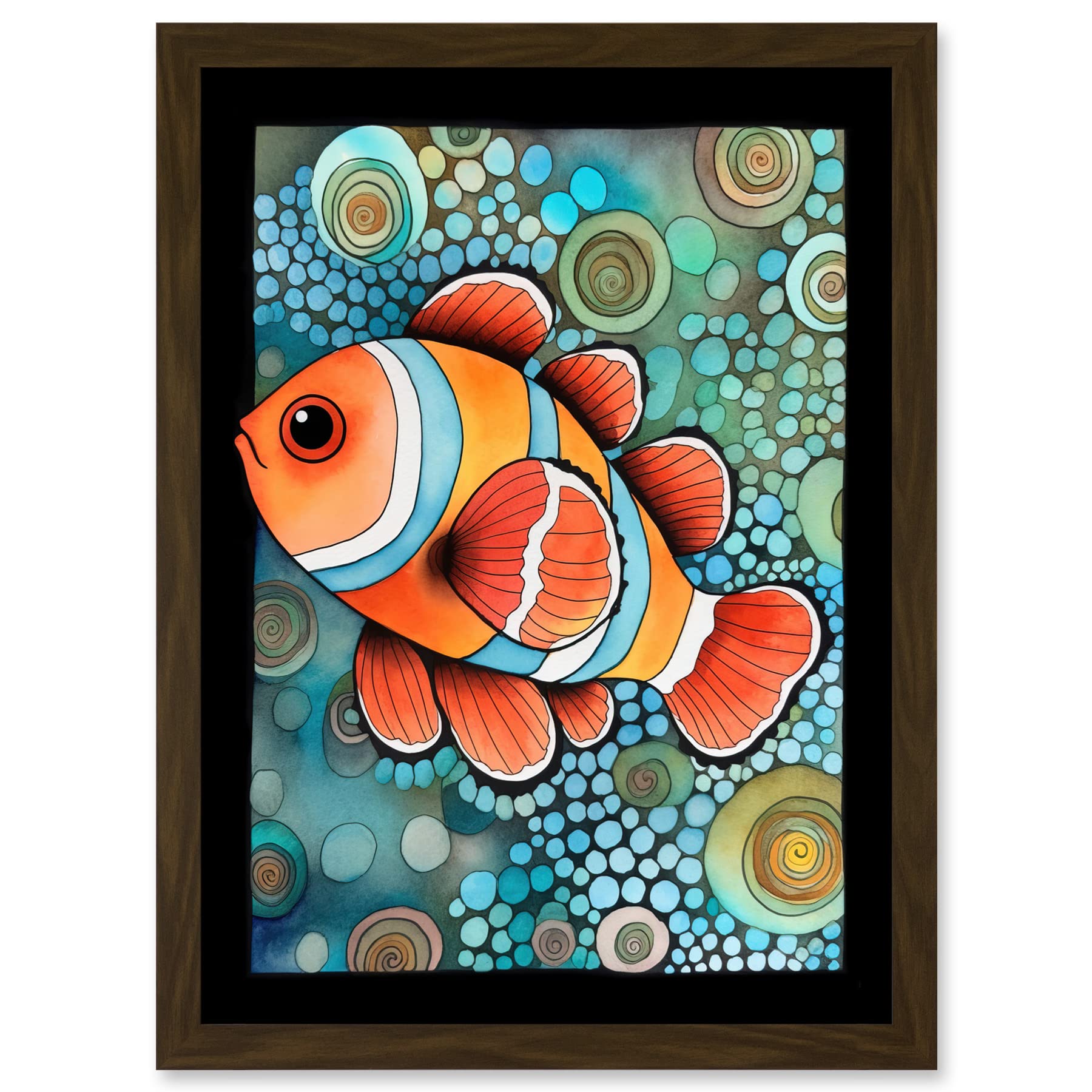 Artery8 Clownfish In Coral Patterns Folk Art Watercolour Painting Artwork Framed A3 Wall Art Print