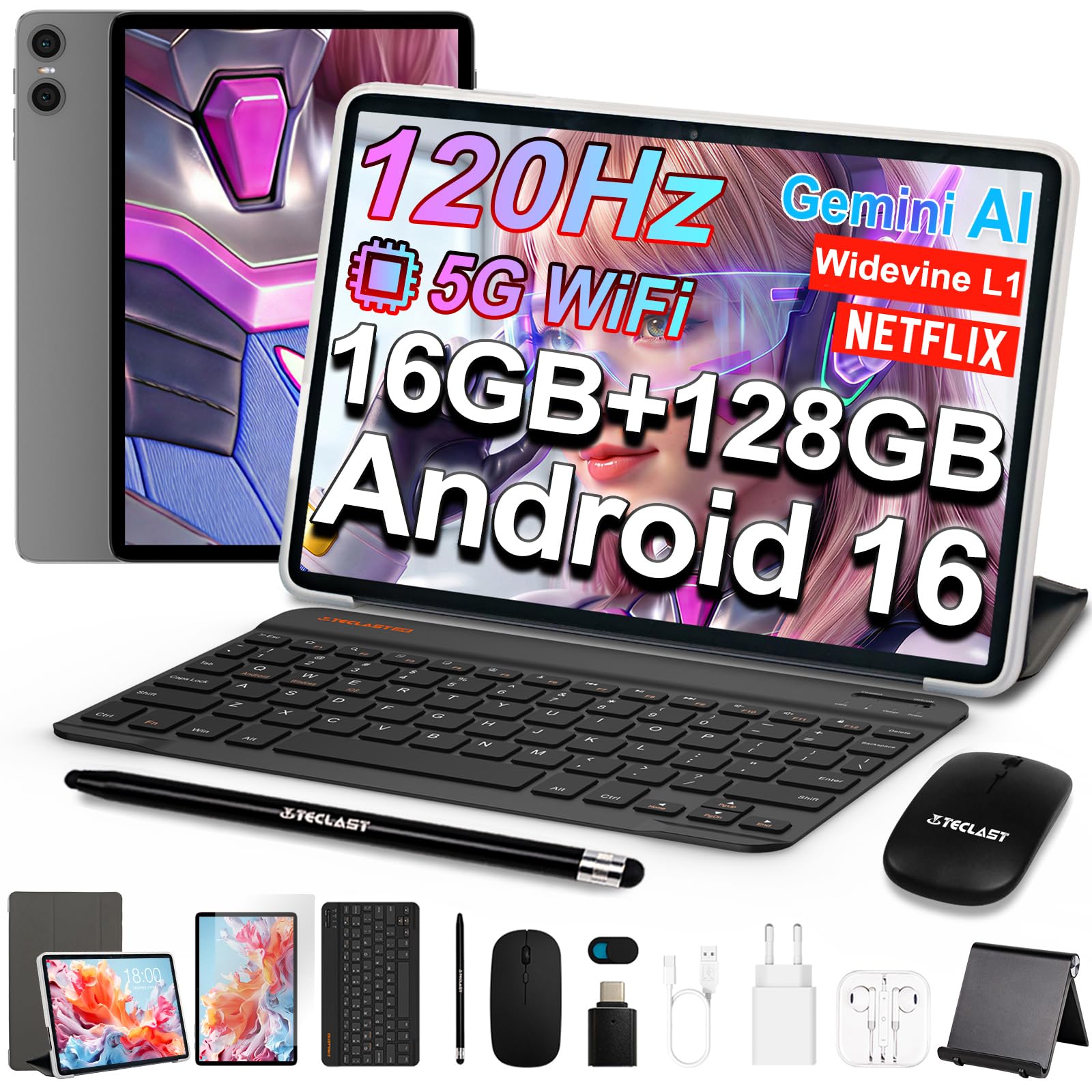 TECLAST P30T Android 16 Tablet 10 Pollici con 10 Accessori, 120Hz Tablets Gemini AI, 16GB RAM+128GB ROM(TF 5TB), 2GHz Octa-Core, 5G WiFi/Widevine L1/GPS/6000mAh, Tastiera+Custodia+Penna+Mouse+Supporto