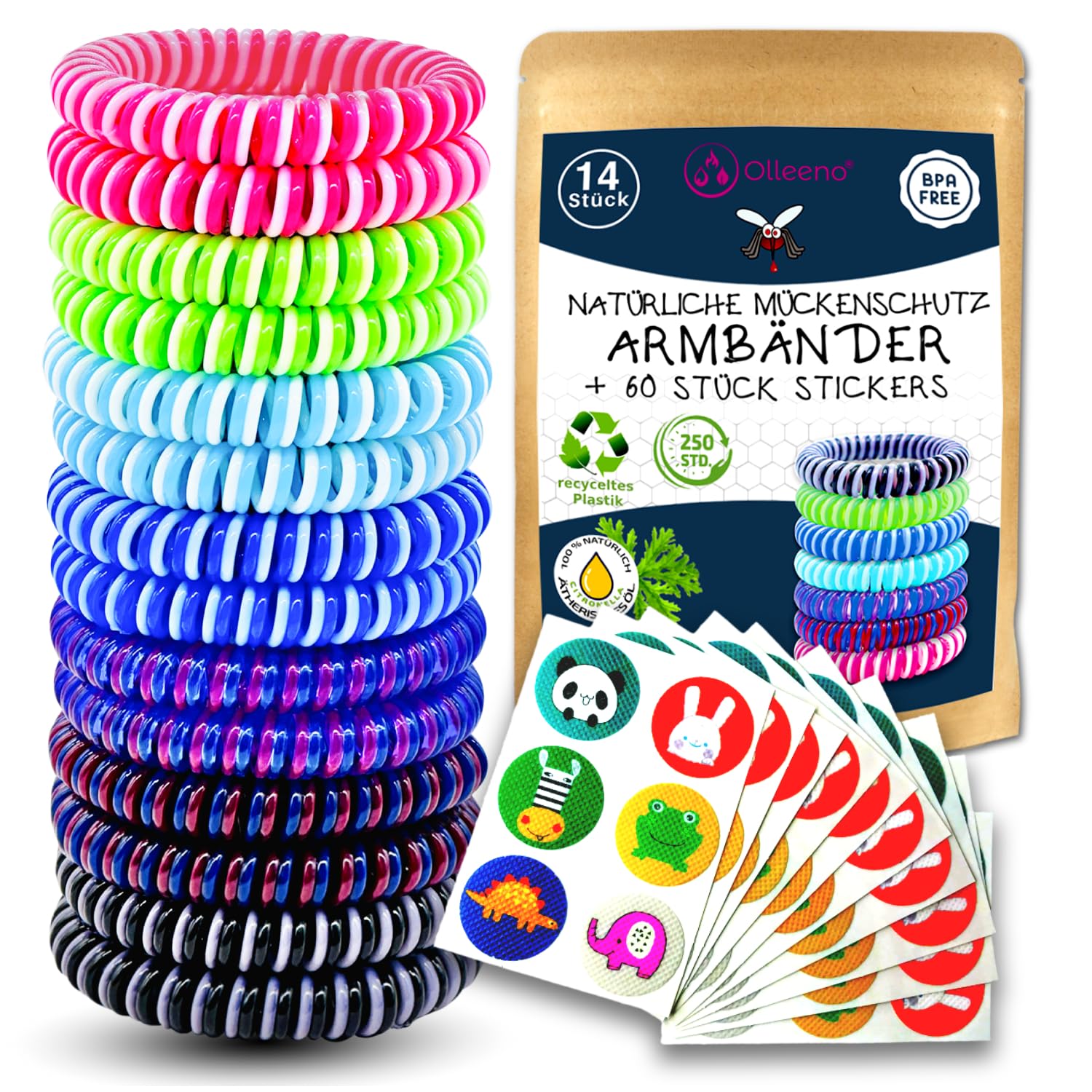 Olleeno® Mückenschutz Armband Moskito Insektenschutz Armband für Outdoor Camping Wandern Sport Anti Mückenarmband für Kinder und Erwachsene (14 Stück + 60 Mückenabwehr Aufkleber)