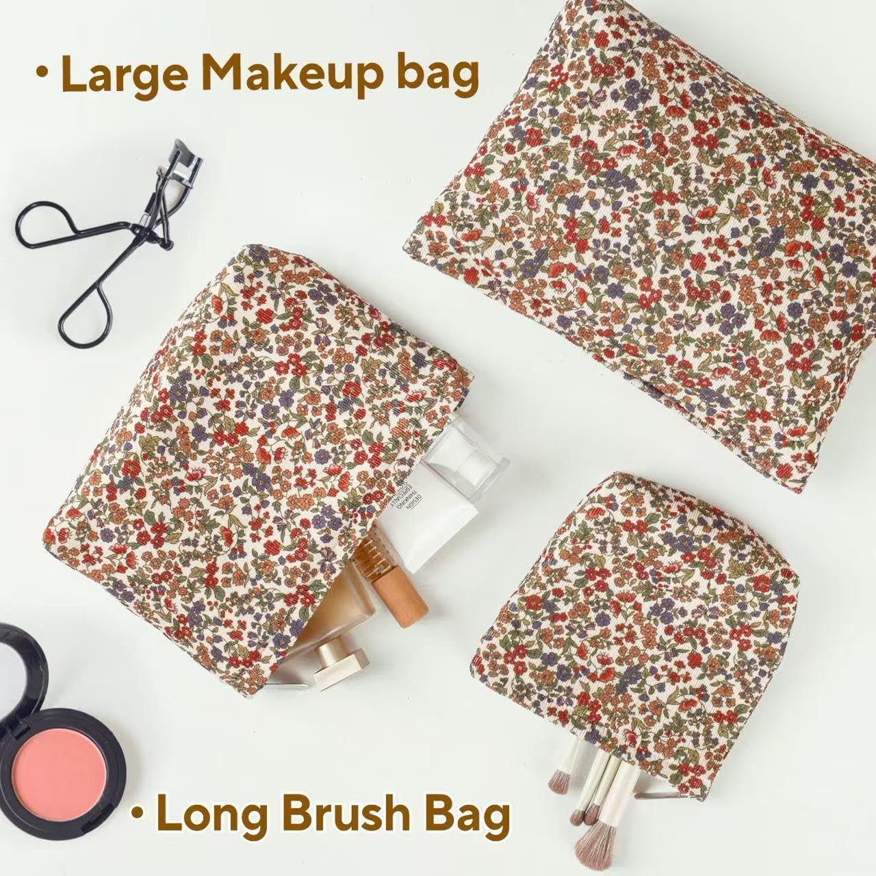 3Pcs Floral Makeup Bags, Cosmetic Bags for Women, Large Capacity Corduroy Makeup bag Set and Portable Mini Makeup Bag,Aesthetic Women Handbags Purses, Travel Essentials Aesthetic Stuff (Floral 01) - Image 7