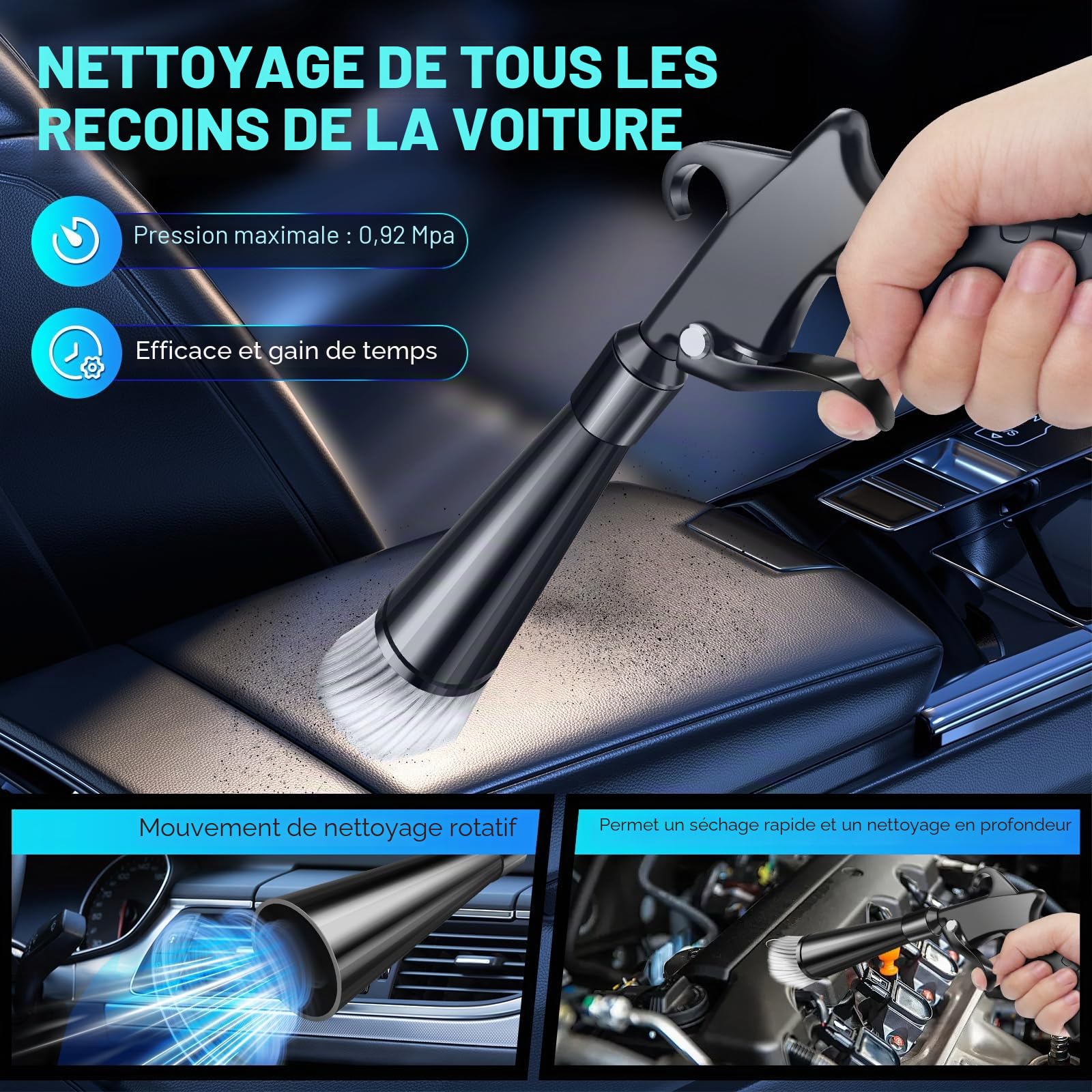Pistolet de nettoyage à sec haute pression pour voiture, pistolet à air de séchage intérieur avec 2 buses pour évacuer rapidement la saleté et la poussière avec flux d'air