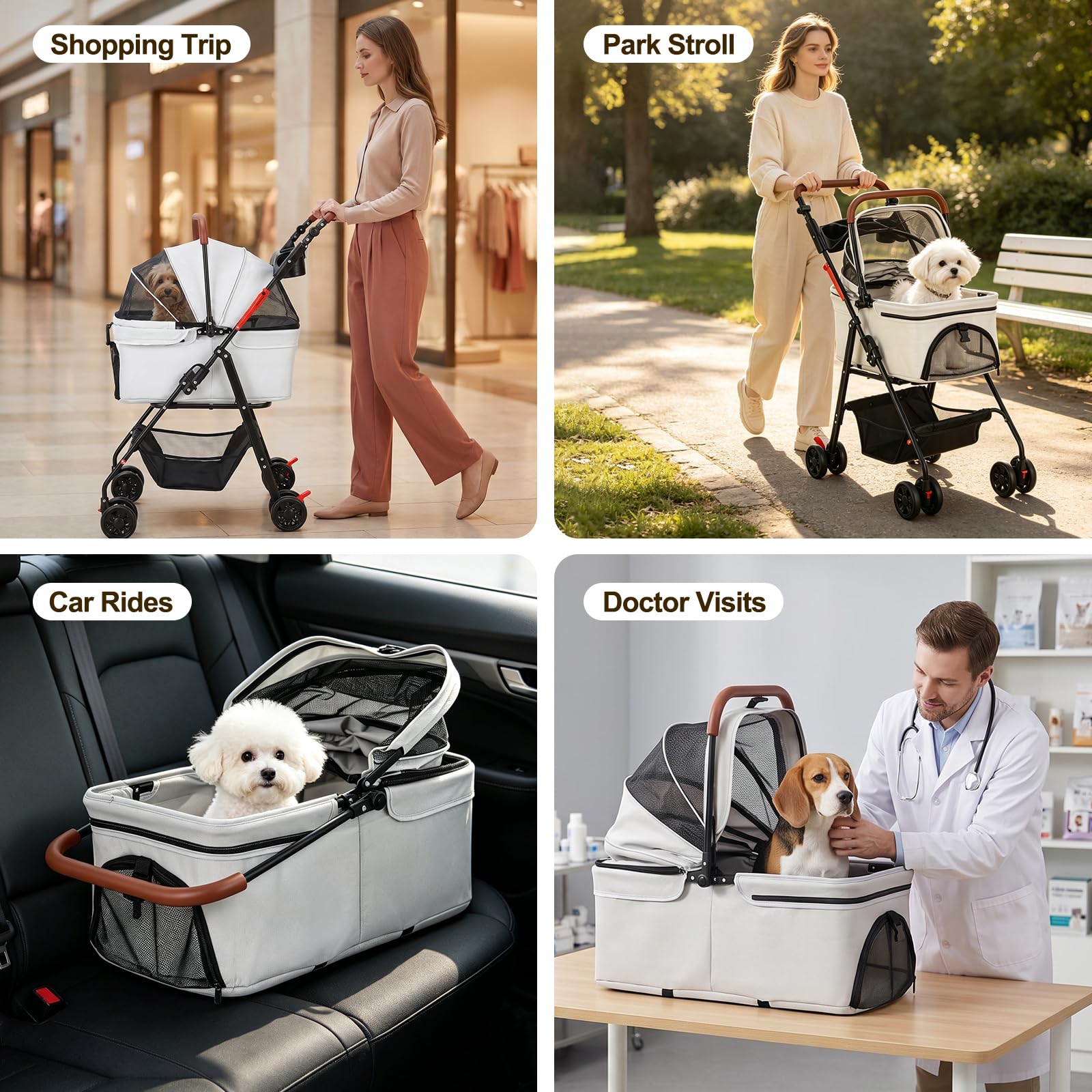Poussette 3 en 1, pour chiens de taille moyenne, pliable, jusqu'à 20 kg, avec espace de rangement, siège auto amovible et compartiment alimentaire