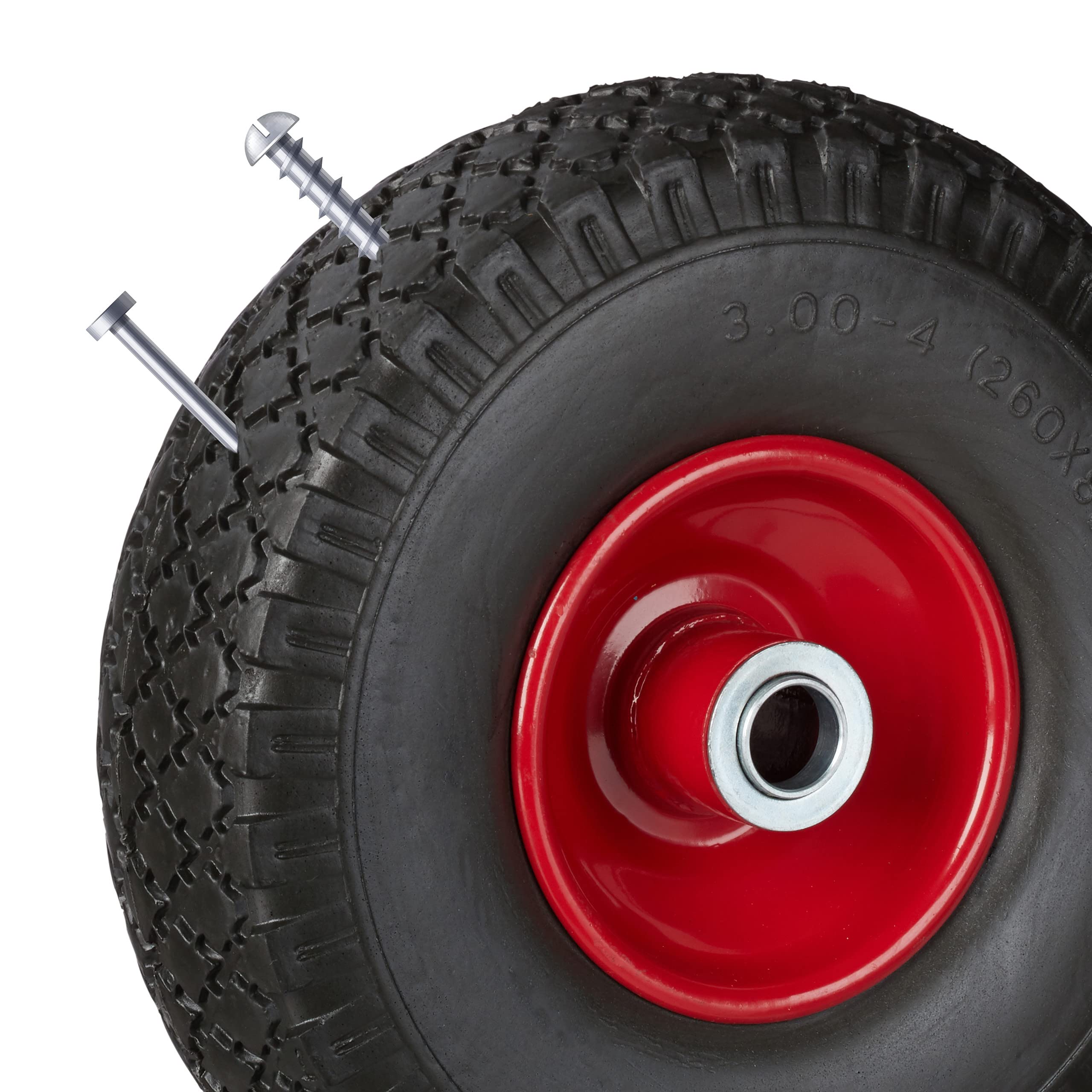 Relaxdays, czarno-czerwone 2 x koło do wózka transportowego, odporne na przebicie opony z pełnej gumy, felga stalowa 3,00-4", oś 20 mm, 100 kg, 260 x 85 mm, 10026069_261