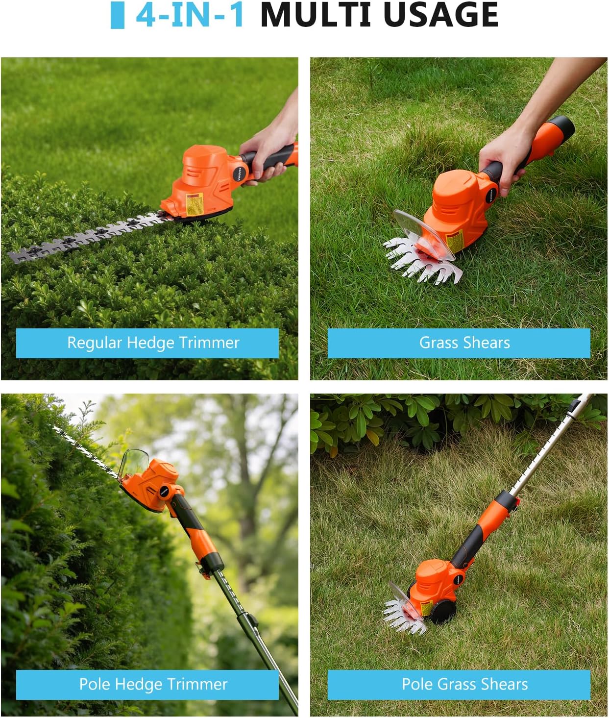4-in-1 Pole Hedge Trimmer Cordless with 2 x 2.0 Ah Batteries, Lightweight Design Bush Trimmer and Grass Shear with Extension Pole Design for Women Seniors Shrubs and Hedge Pruning, Orange