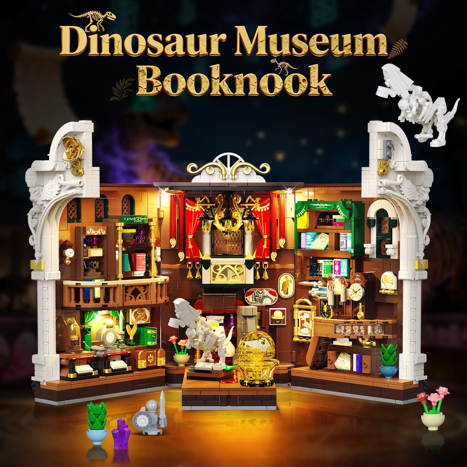 INSOON Book Nook Museo de Dinosaurios con Luz para Adultos y Jóvenes | Book Nook DIY con museo de dinosaurios, casa en miniatura decorativa para estantería, regalo, 1500 piezas
