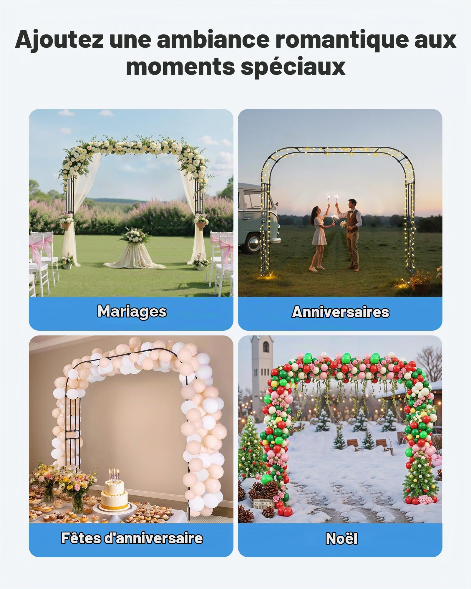 VEVOR Arche de Jardin, 240x250x40 cm, Arche de Mariage en Métal, avec Tubes en Acier Galvanisé, Support Robuste pour Plantes Grimpantes et Roses, Jardins, Pelouses, Décorations de Fêtes, d'Événements