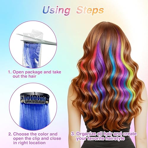 Miniatura 3 de BEAHOT - 32 extensiones de cabello con clip de colores  20 pulgadas de largo arcoíris lacio con clip sintético para Halloween cosplay fiesta de moda