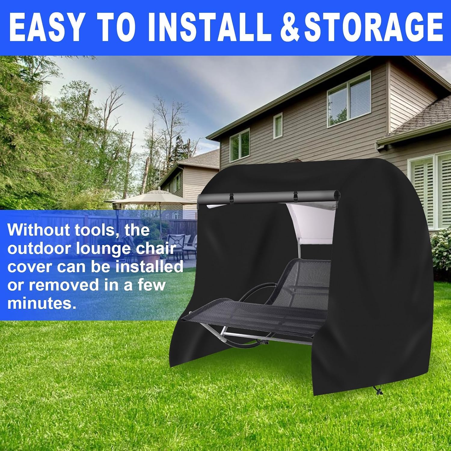 Doppel Sonnenliege Schutzhülle,61" x 79" x 75" Schwarz | 600D Oxford wasserdicht, UV-beständig, reißfest, mit Kordelzug, ganzjähriger Schutz für Gartenmöbel.