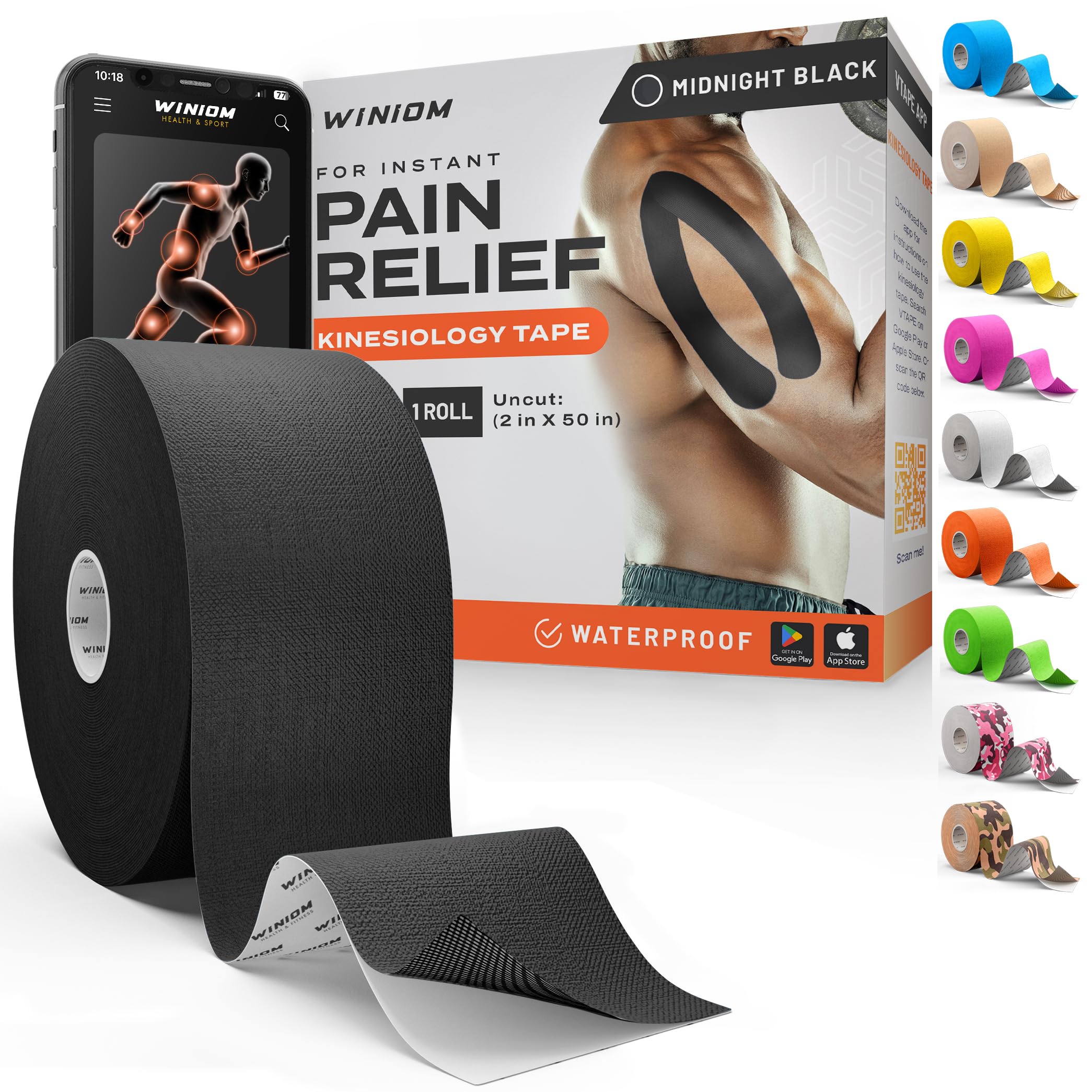 Kinesiology Tape - Waterproof Athletic Sports Tape for Knee, Shoulder, Arm &amp; Back Support | 3-5 Day Adhesion, Hypoallergenic &amp; Latex-Free + Taping Guide (Uncut, 2"x50ft Roll, Midnight Black)