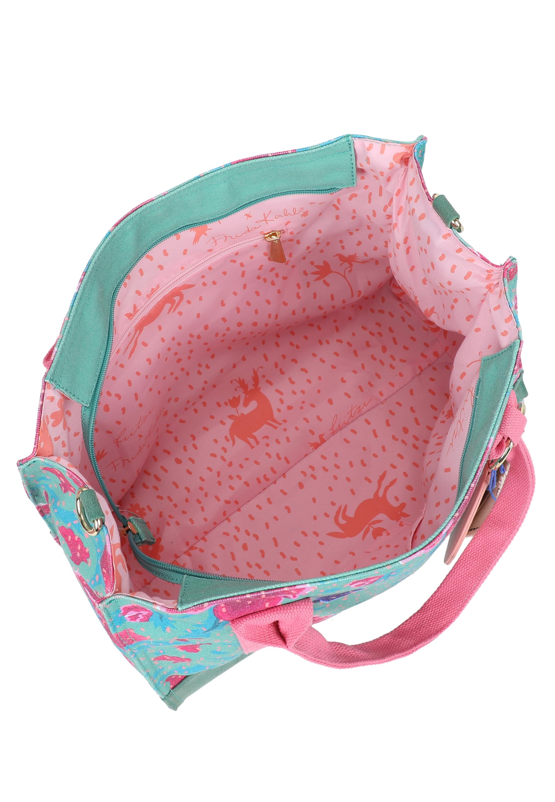 Fritzi x Frida Kahlo Tote Bag Limited Canvas Shopper Damen Schultertasche Handtasche Freizeit Alltag Arbeit Festival Reißverschluss Canvas 29.5 x 40 x 14 cm – Pink, Rosa, Türkis, Beige, Lila, Grün