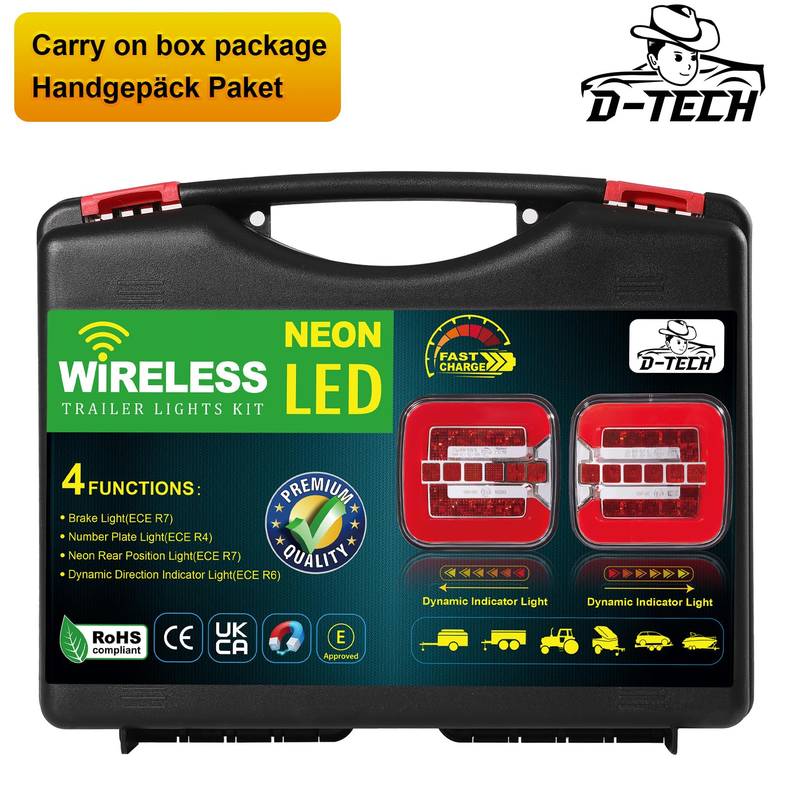 D-TECH Feux Led Magnétique Sans Fil Pour Remorque 12V/24V - Kit Éclairage Arrière Wifi, Plaque Homologation ECE R10 EMC