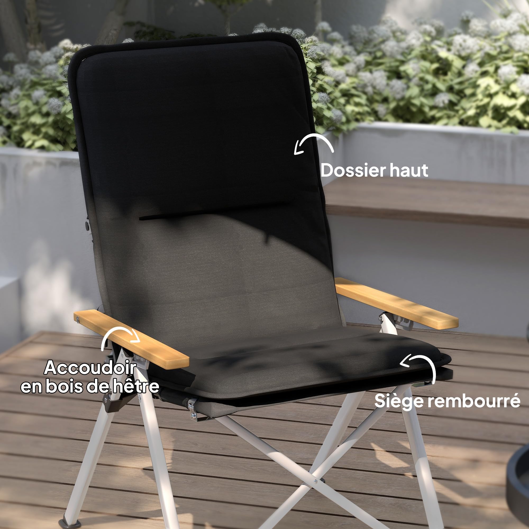 Outsunny Chaise de Camping Chaise de Pêche Dossier Haut 59x67x96cm Noir | Pliante et Portable, Coussin Amovible, Sac de Transport, pour Jardin, Randonnée, Pêche, Plage et Pique-Nique