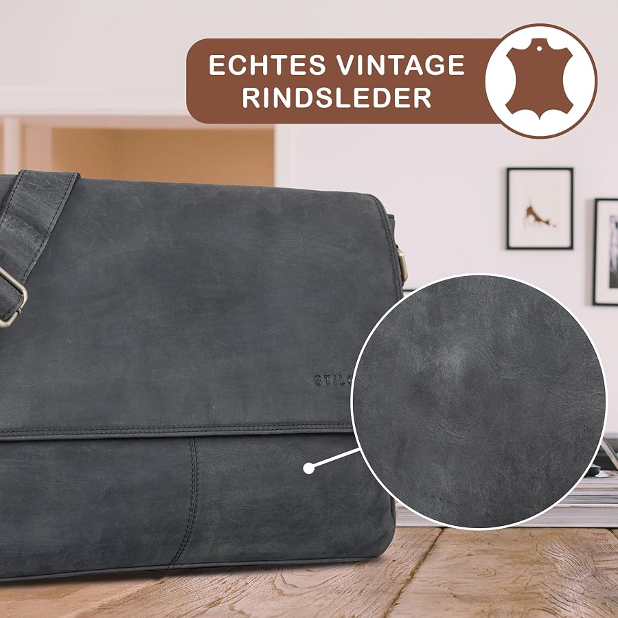 STILORD Messenger Bag Aus Echtem Leder – Vintage Braun, Für Laptops Bis 15,6 Zoll, Viele Fächer, Verstellbarer Gurt