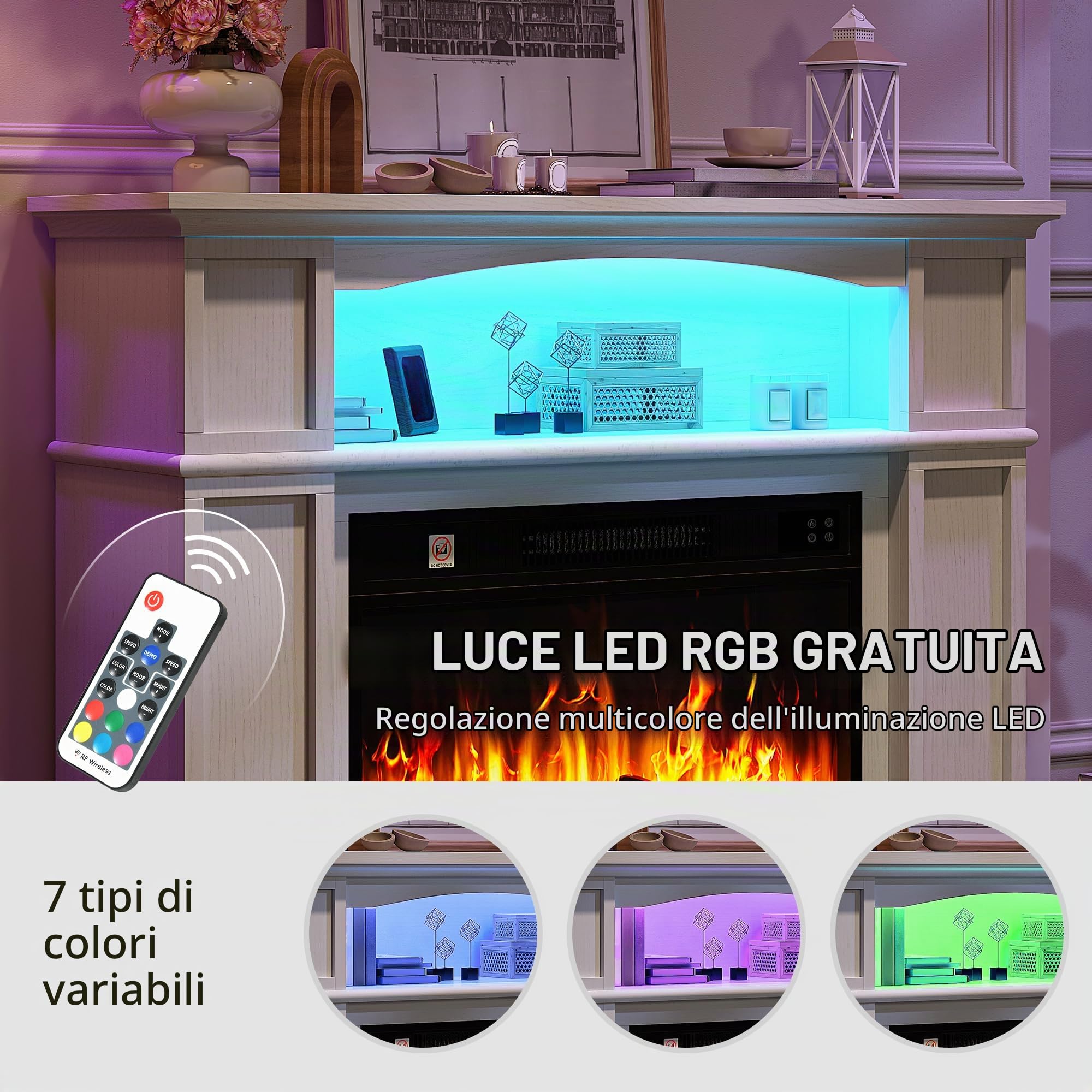 YITAHOME Caminetto Elettrico, Effetto Fiamma LED 3D, 2000W, Bianco | 39 Camino Elettrico da Terra con Funzione di Riscaldamento, 24 Colori LED indipendenti, Timer Termostato e Telecomando
