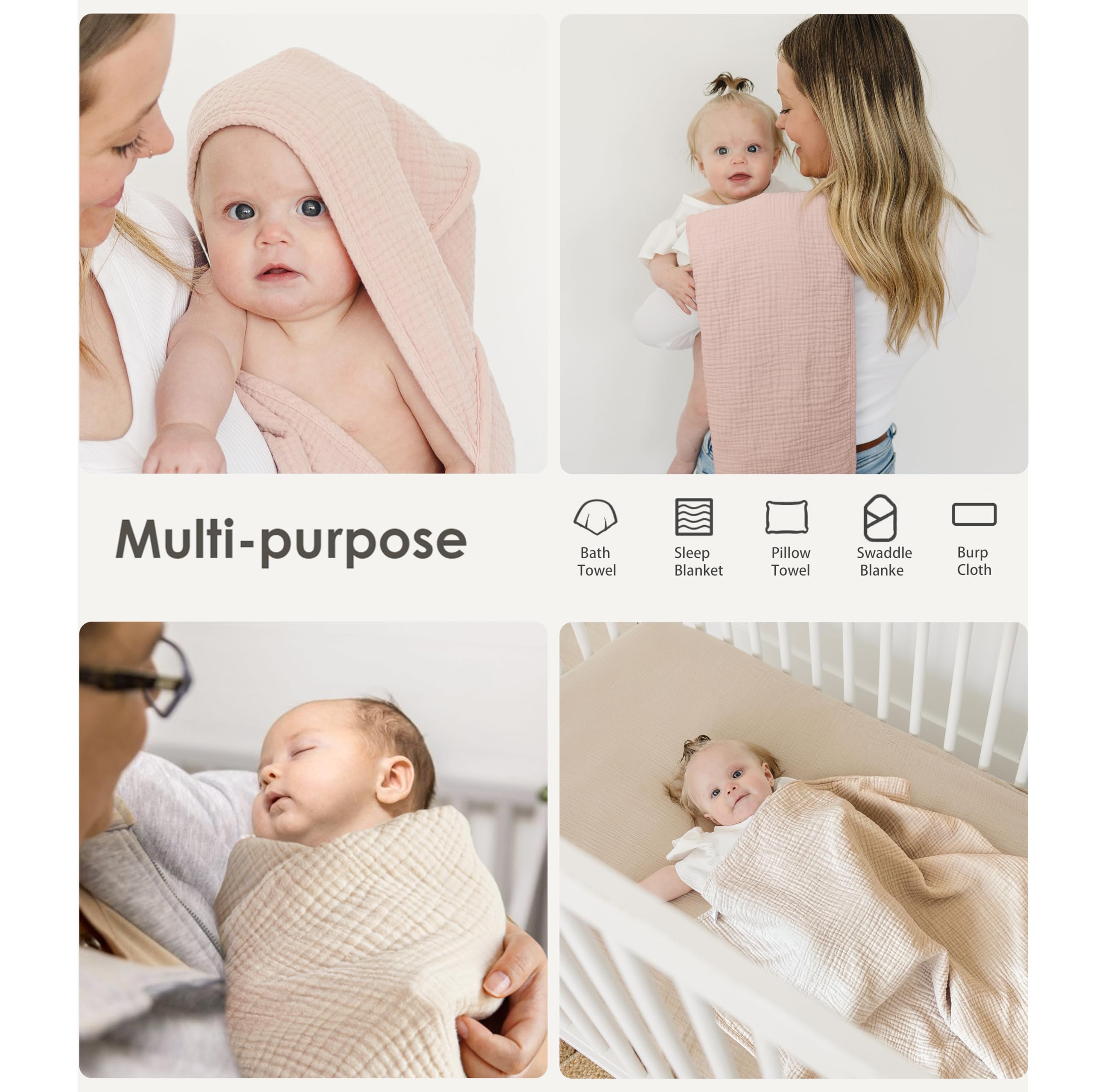 MairMore Toallas de muselina con capucha para recién nacidos, 100 % algodón, toallas de baño para bebé, suaves y absorbentes, toalla de bebé con capucha para niños y niñas, tamaño grande, 81 x 81 cm