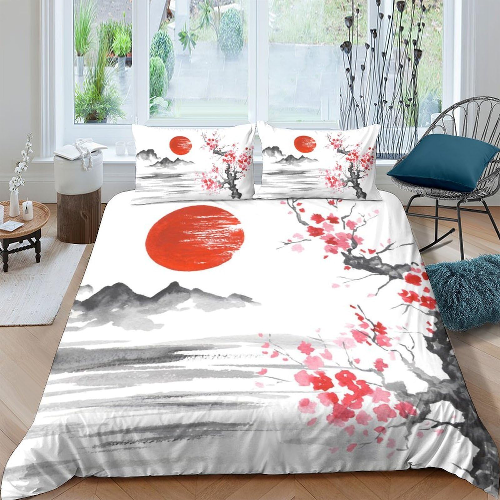 Ctjqhvkz Style-1 3D Printed Red Sun Japanese Ink Fitted Sheet Microfiber Soft Cherry Blossom Bed Cover For Bedroom Decor Dorm House Single（135X200cm）