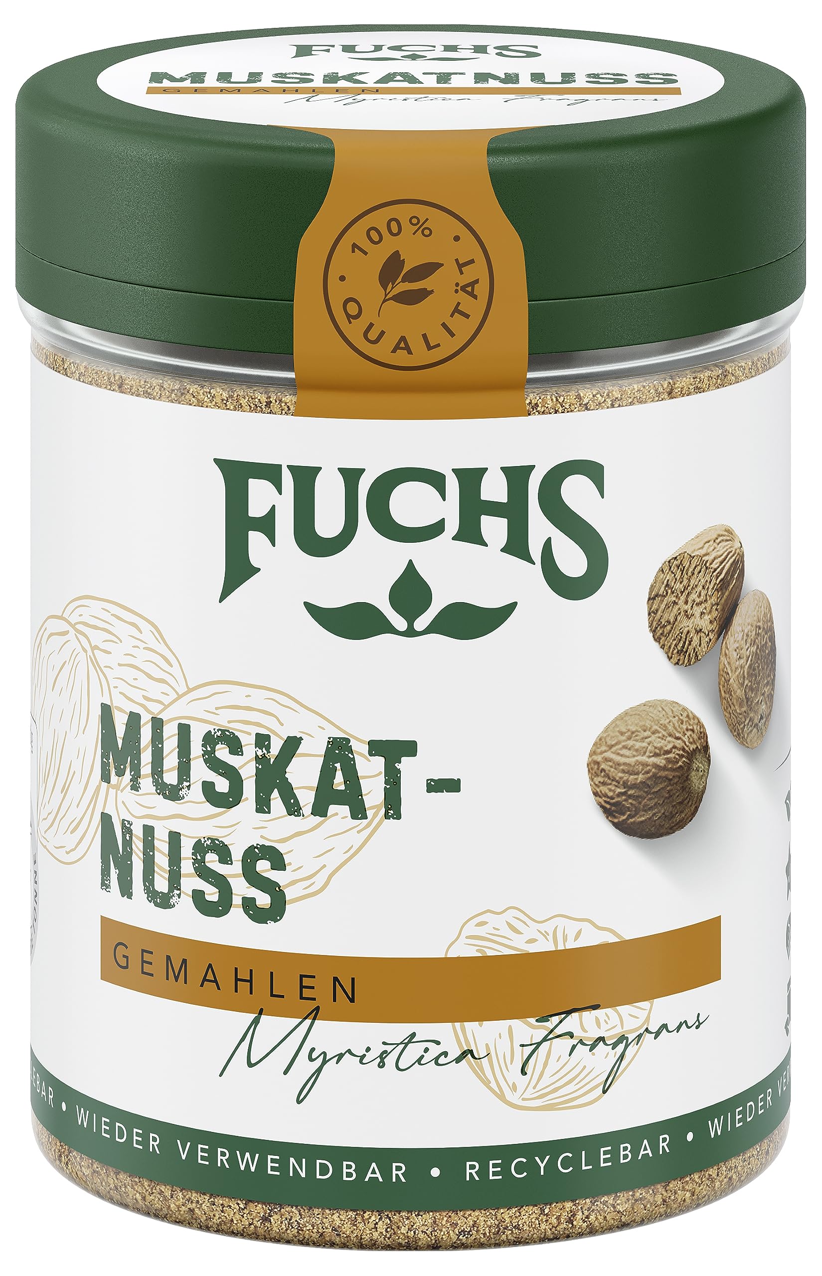 Fuchs Gewürze - Muskatnuss gemahlen - verfeinert Kartoffelgerichte aller Art oder Desserts - natürliche Zutaten - 50 g in wiederverwendbarer, recyclebarer Dose