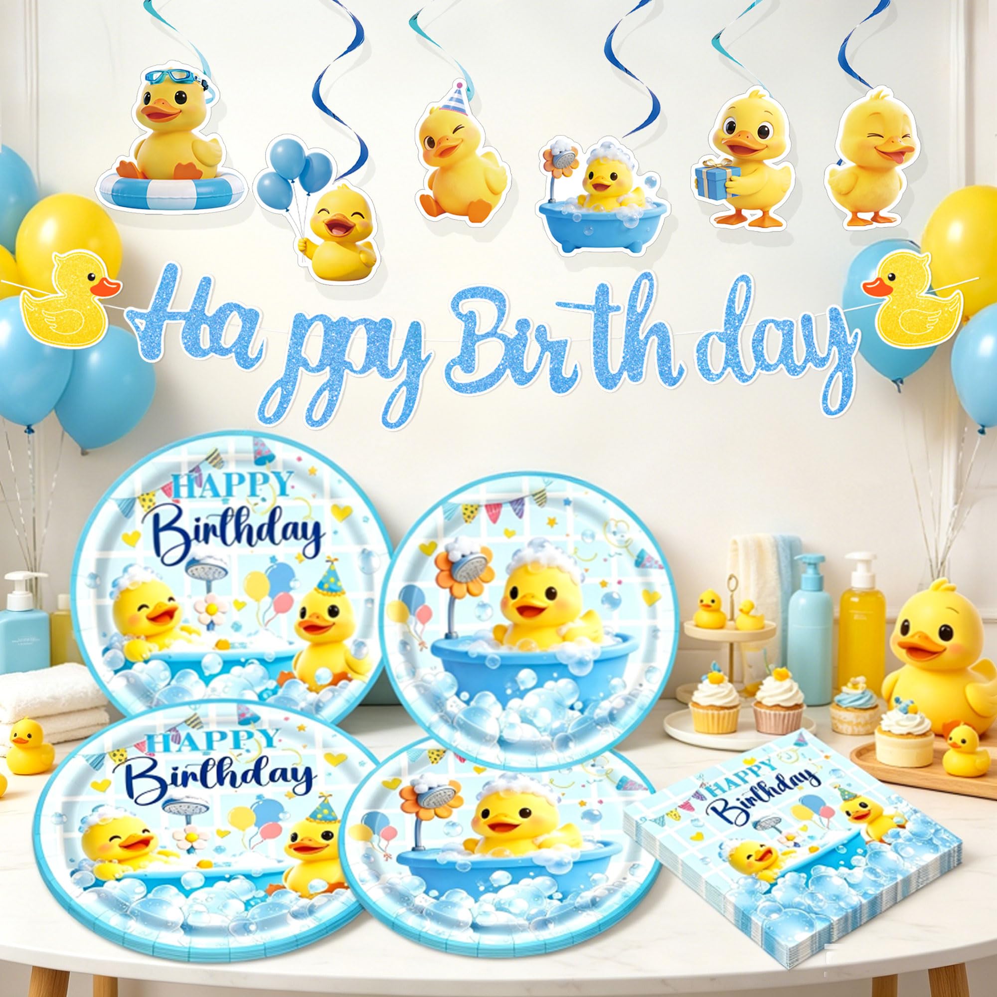Duck Birthday Decorations 10 Guest Lucky Duck Tableware Set with Banner and Garland Plates and Napkins Cute Duck Party Supplies Favors for Birthday