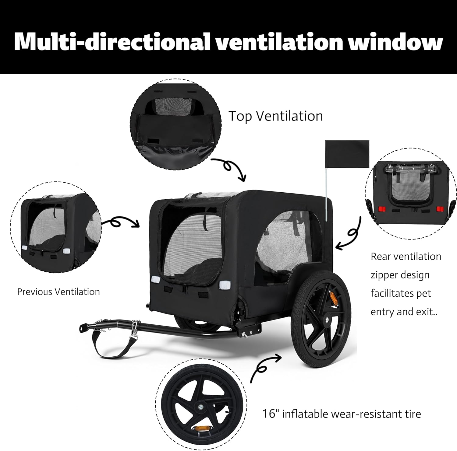 Heavy-Duty Dog Bike Trailer & Collapsible Pet Carrier for Bike with 16-Inch All-Terrain Wheels, Universal Hitch, Safety Flag & Weather-Resistant Design for Outdoor Adventures