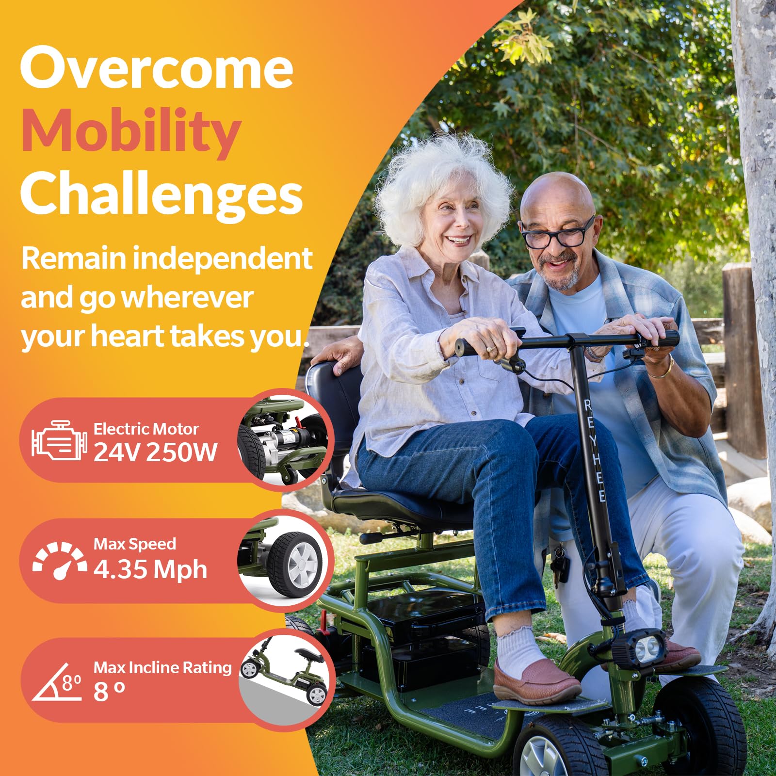 Reyhee Exo Powered Folding Mobility Scooters for Adults Seniors, Portable Electric Scooter with Ample Legroom and Rotatable Seat, 4-Wheel Mobility Scooter with Anti-Tip Wheels, 300lbs Weight Capacity