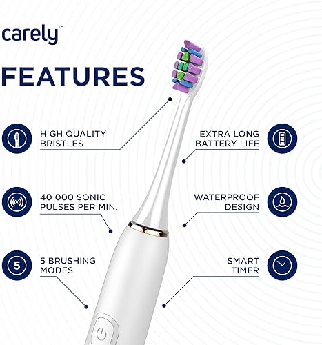 Miniatura 2 de Cepillo de dientes sónico con 2 cabezales de cepillo, recargable, 5 modos de cepillado, temporizador inteligente, impermeable, blancodorado