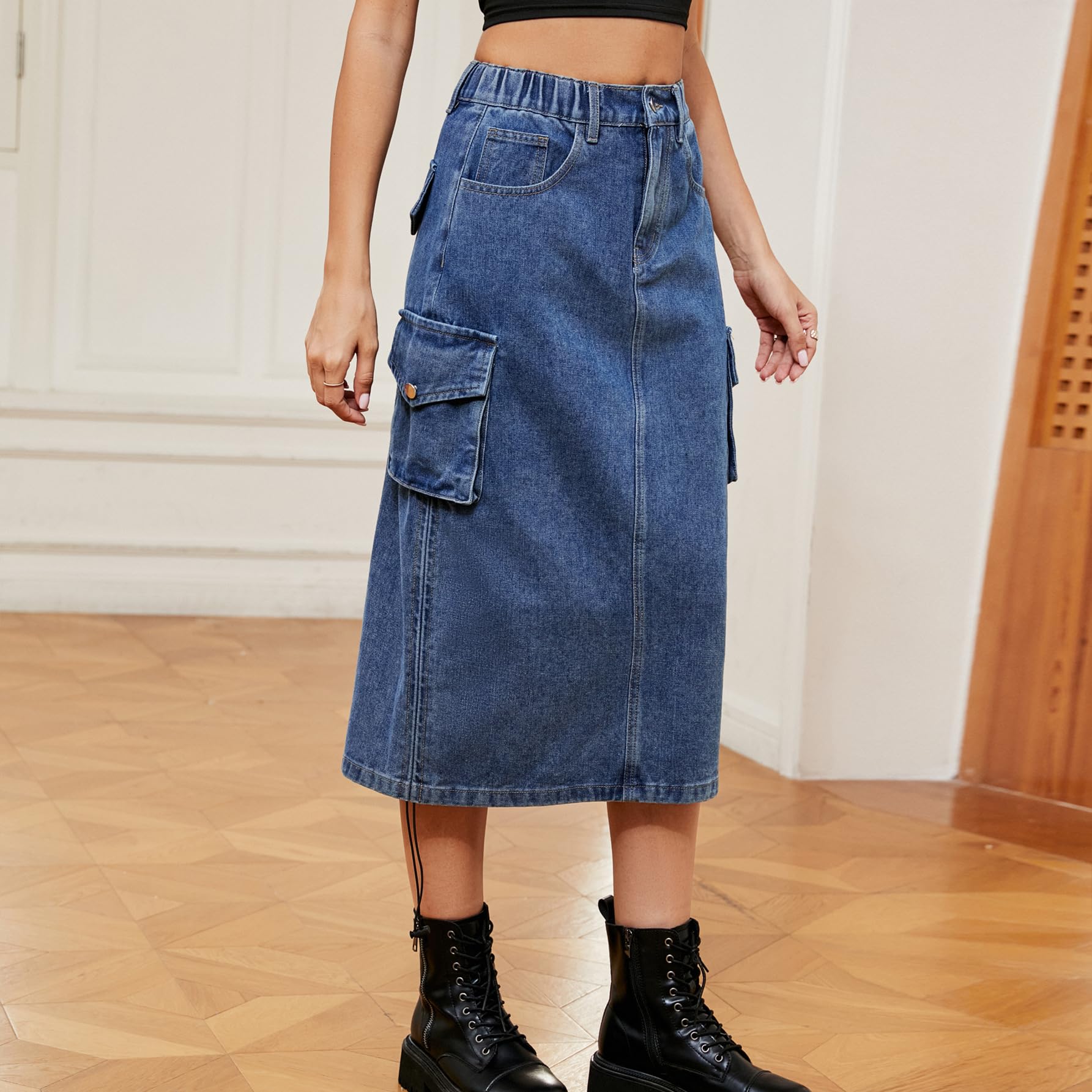 Jupe midi ample pour femme avec cordon de serrage - Jupe de parachute taille mi-haute - Jupe cargo en jean réglable - Jupe midi longue en jean