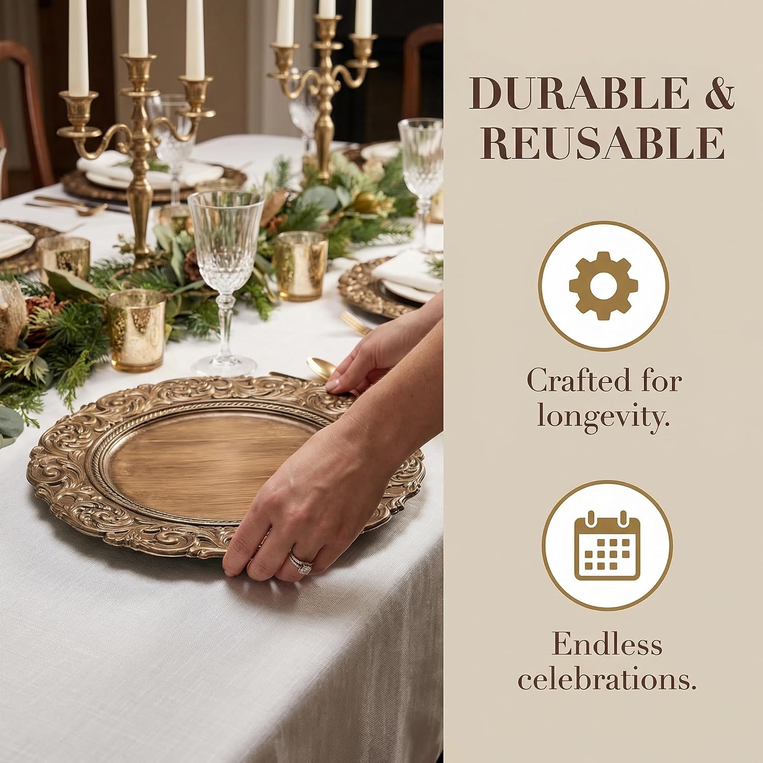 Brown Charger Plates Set of 6, Faux Wood Plate Chargers, 13 Inch Plastic Charger for Dinner and Party Table Settings.