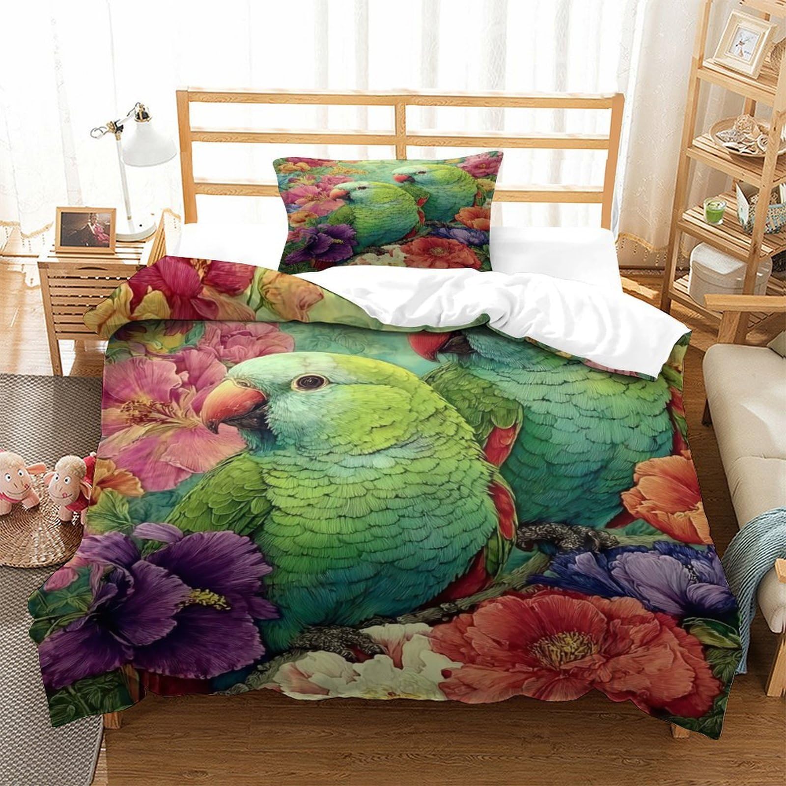Housse de couette perroquet 3D en microfibre 135x200 cm avec taies