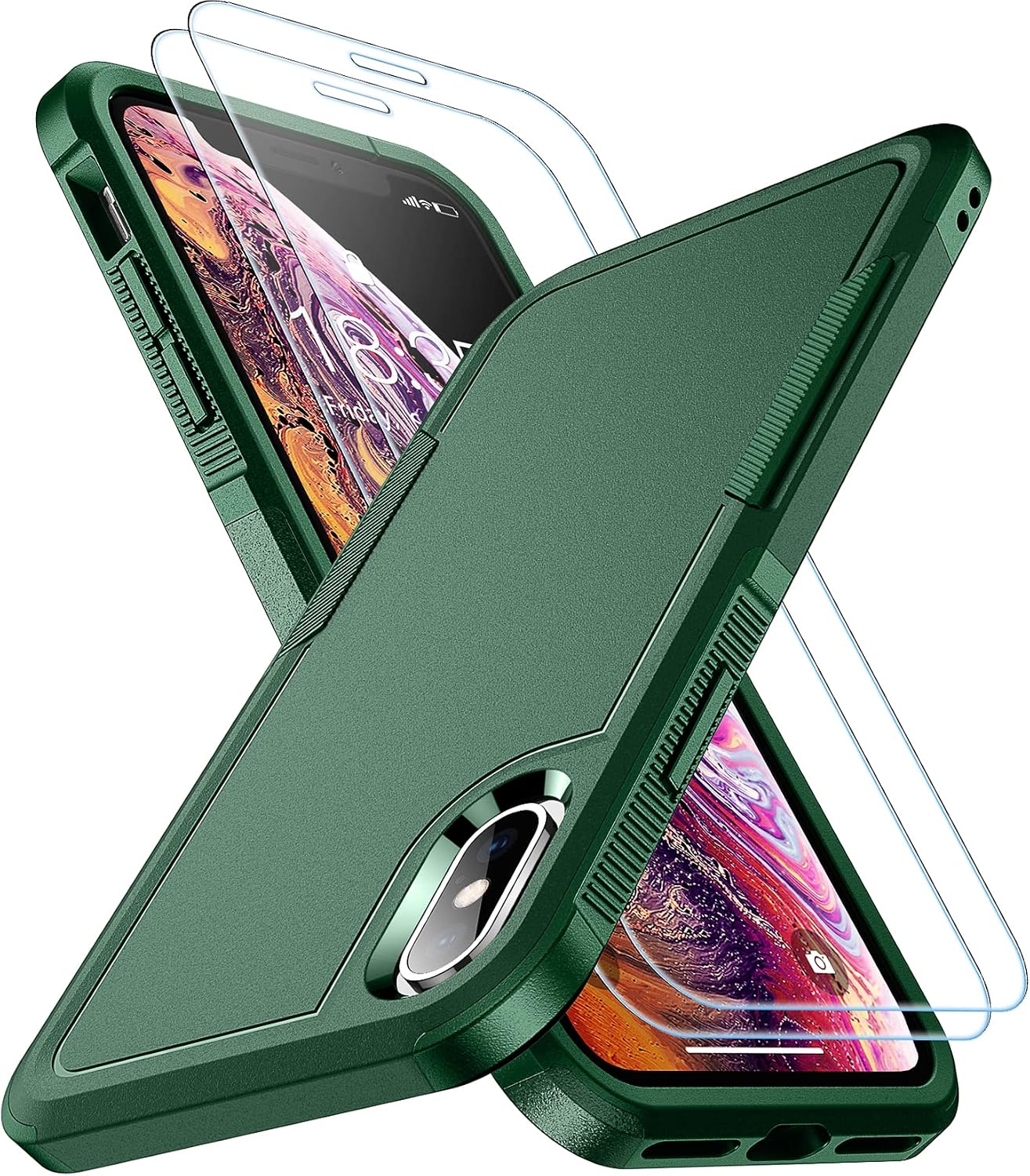 SPIDERCASE for iPhone Xs Max Case, [10 FT Military Grade Drop Protection] [2 pcs Tempered Glass Screen Protector] Shockproof Airbag Cushion Protective Case for iPhone Xs Max 6.5” (Midnight Green)