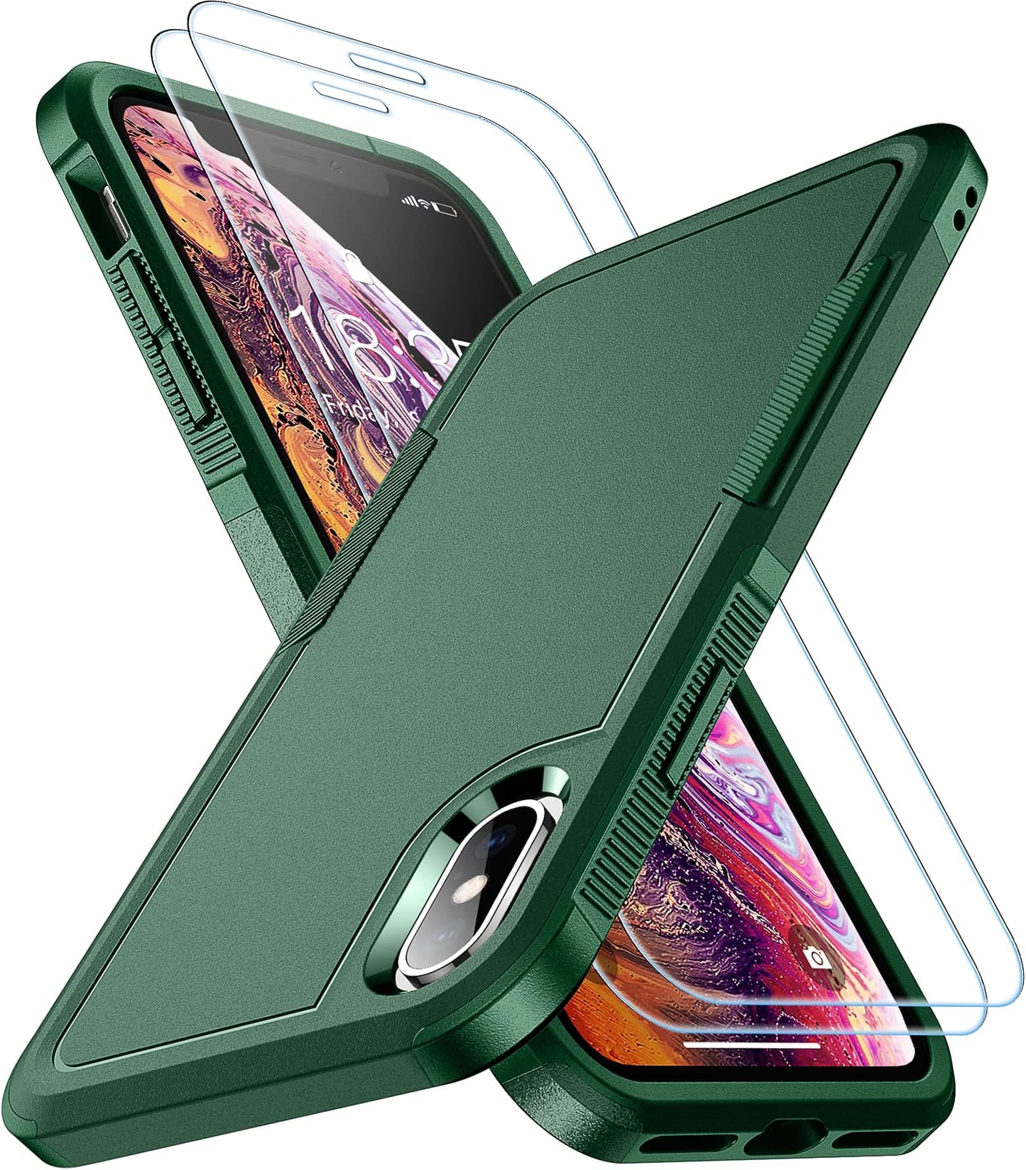 SPIDERCASE for iPhone Xs Max Case, [10 FT Military Grade Drop Protection] [2 pcs Tempered Glass Screen Protector] Shockproof Airbag Cushion Protective Case for iPhone Xs Max 6.5” (Dark Green)