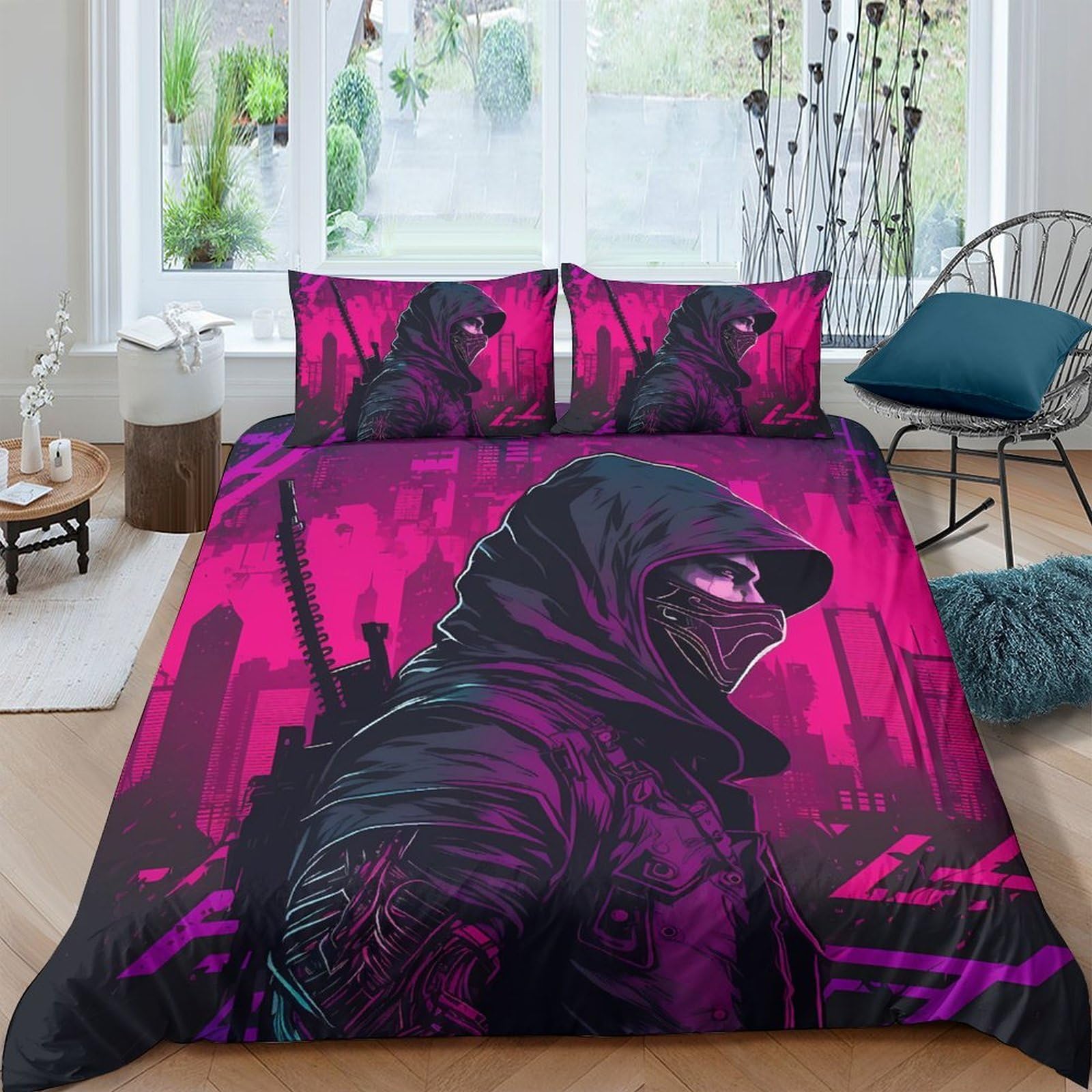 GPLZQXKJNH 3D Printed Neon Ninja Duvet Cover Microfiber Soft Breathable Urban Samurai Bedding Set with 2 Pillowcases for Bedroom Decor Single（135x200cm）